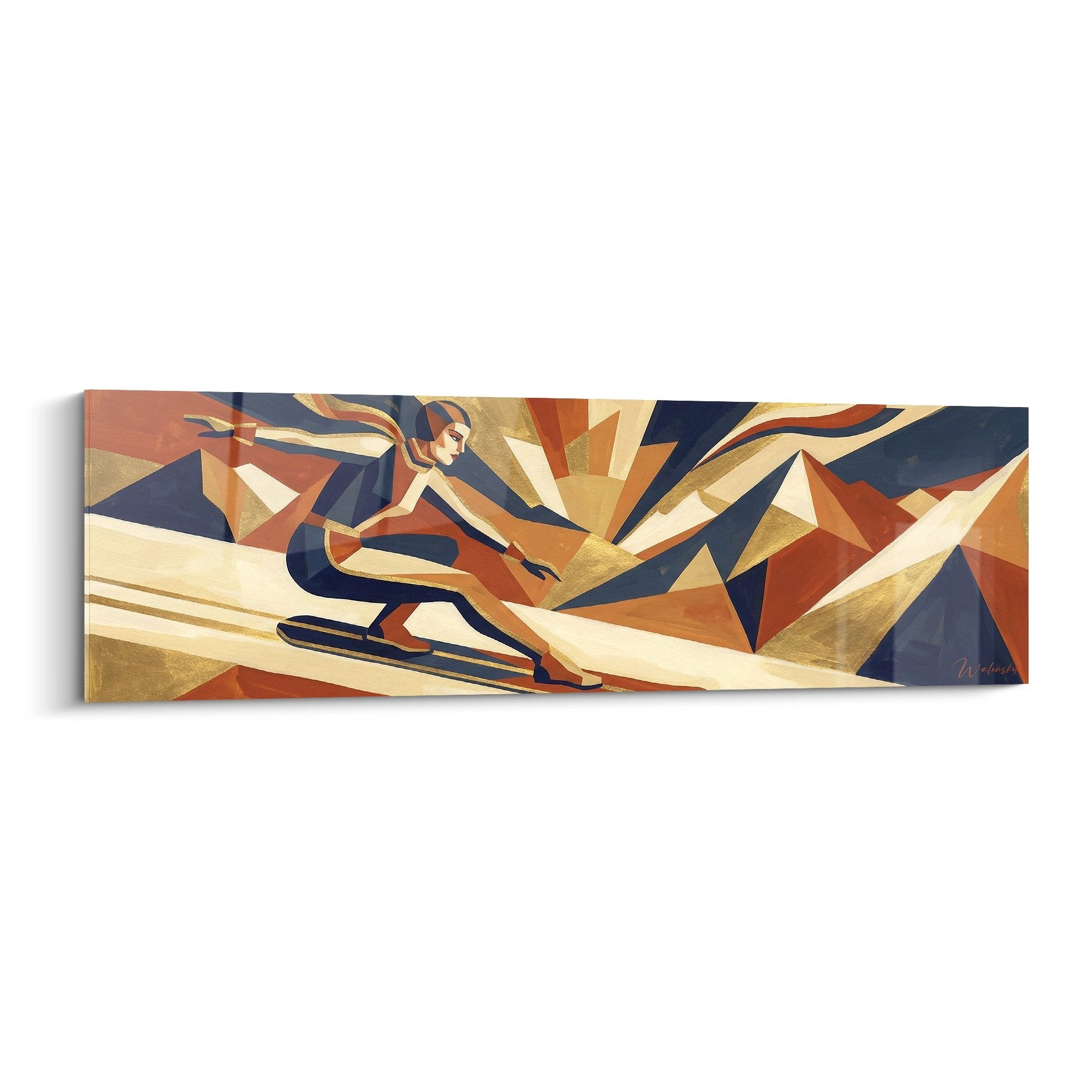 Tableau snowboard art deco avec snowboardeur stylise dans composition geometrique aux tons chauds ocre et bleu