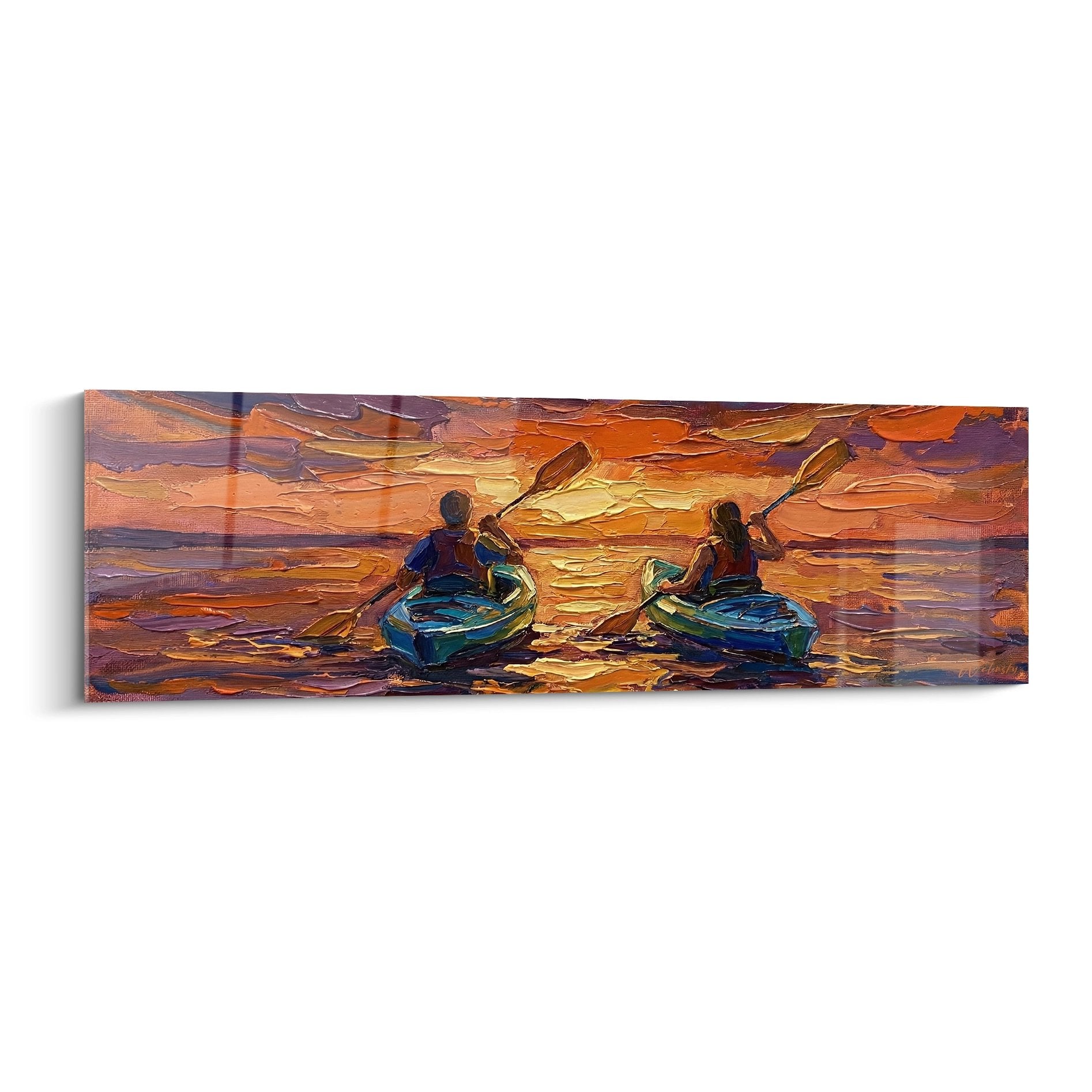 Tableau kayak coucher de soleil avec deux kayakeurs naviguant sur eaux dorees, peinture art nautique