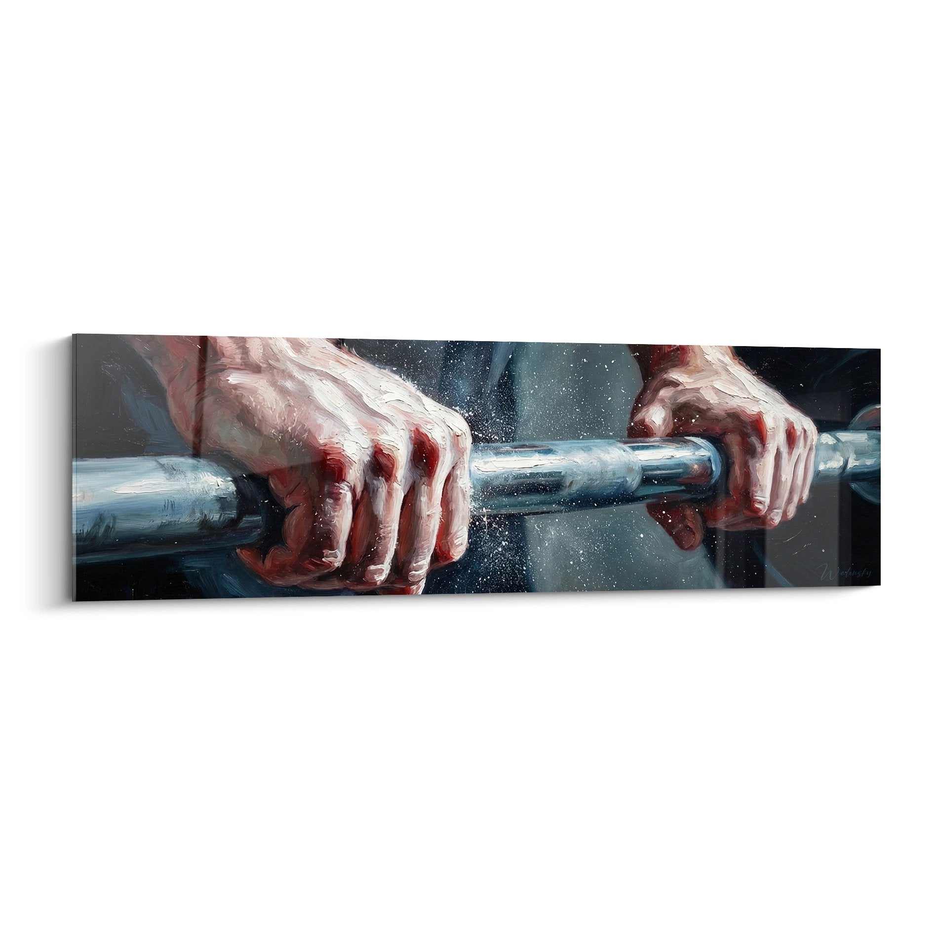 Tableau artistique mains agrippant barre musculation avec détails réalistes et tension musculaire visible