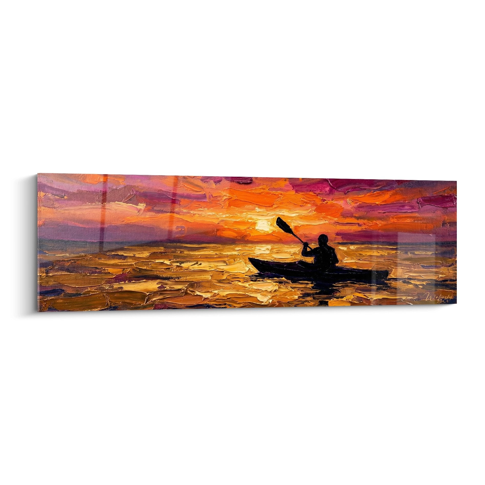 Tableau peinture kayakeur au coucher de soleil sur eaux dorees, technique empâtement, style impressionniste moderne