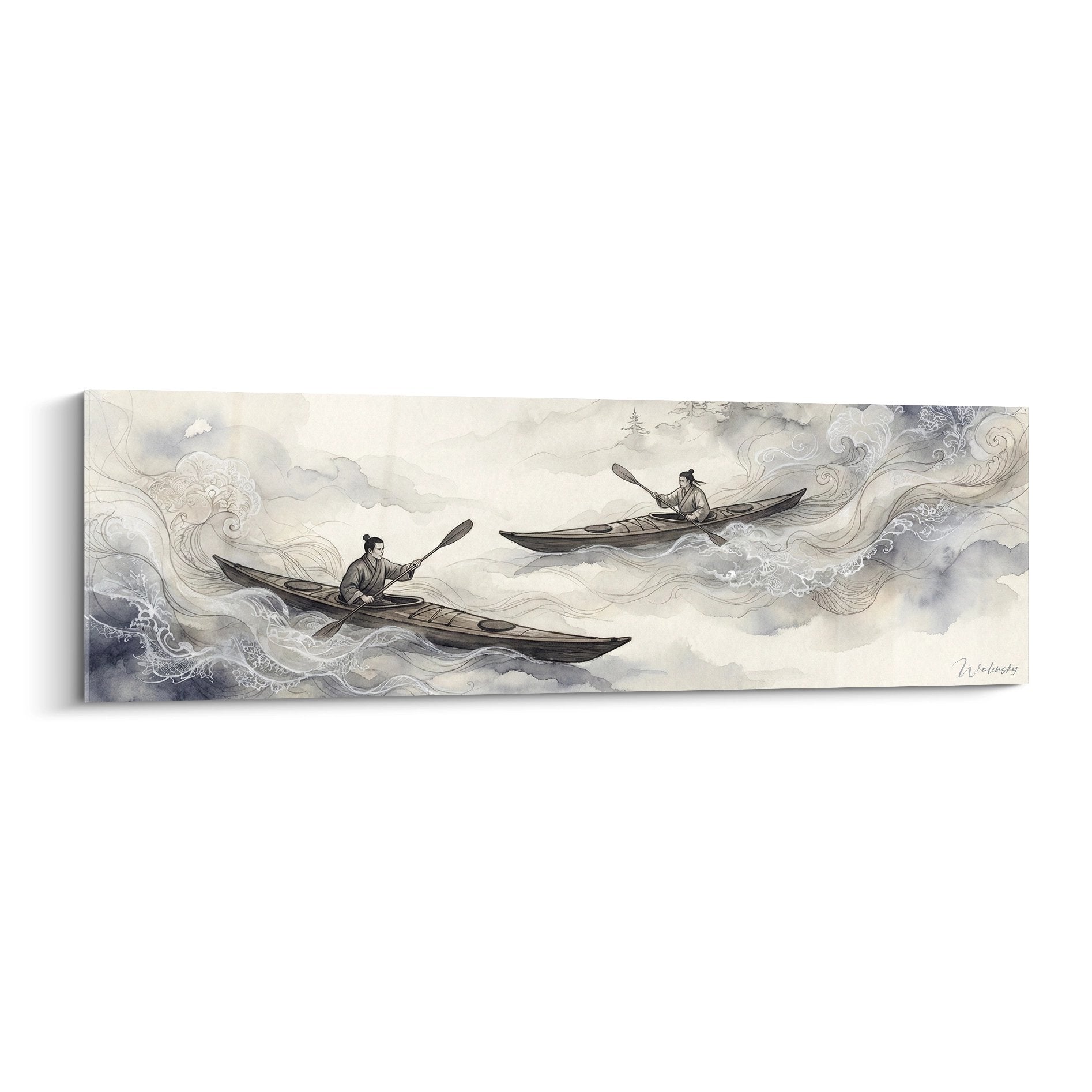 Tableau artistique montrant deux kayakistes naviguant dans les nuages avec des volutes mystiques en tons sepias