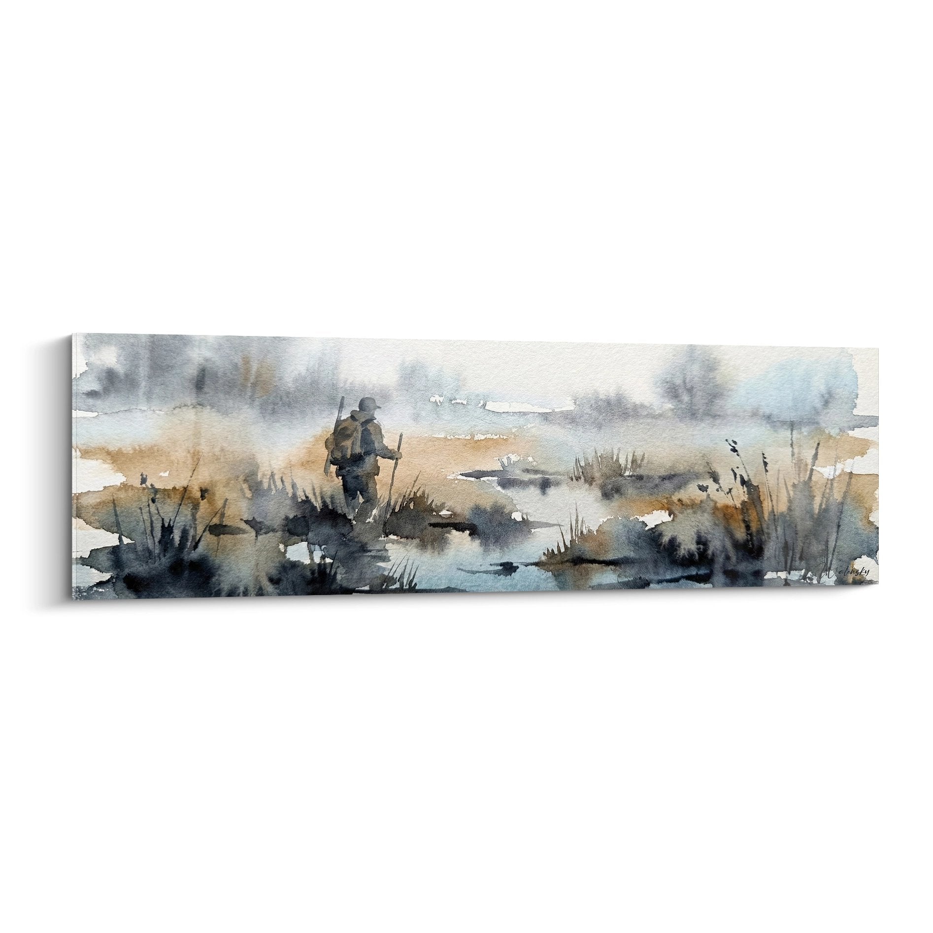 Tableau aquarelle chasseur marais brumeux avec vegetation naturelle tons ocre et gris-bleu art chasse