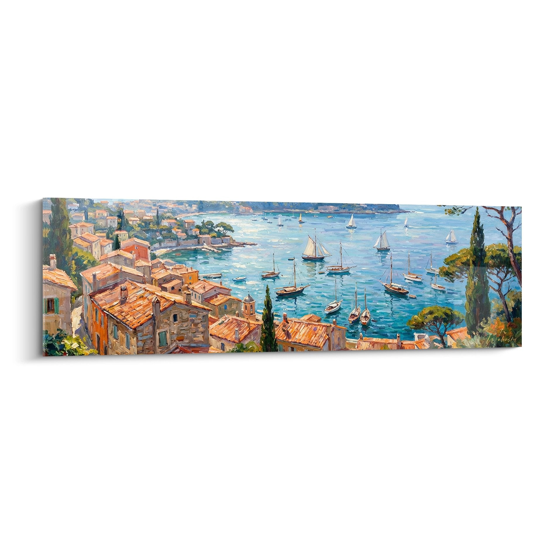 Tableau panoramique port méditerranéen Côte d'Azur avec village coloré et voiliers sur baie turquoise