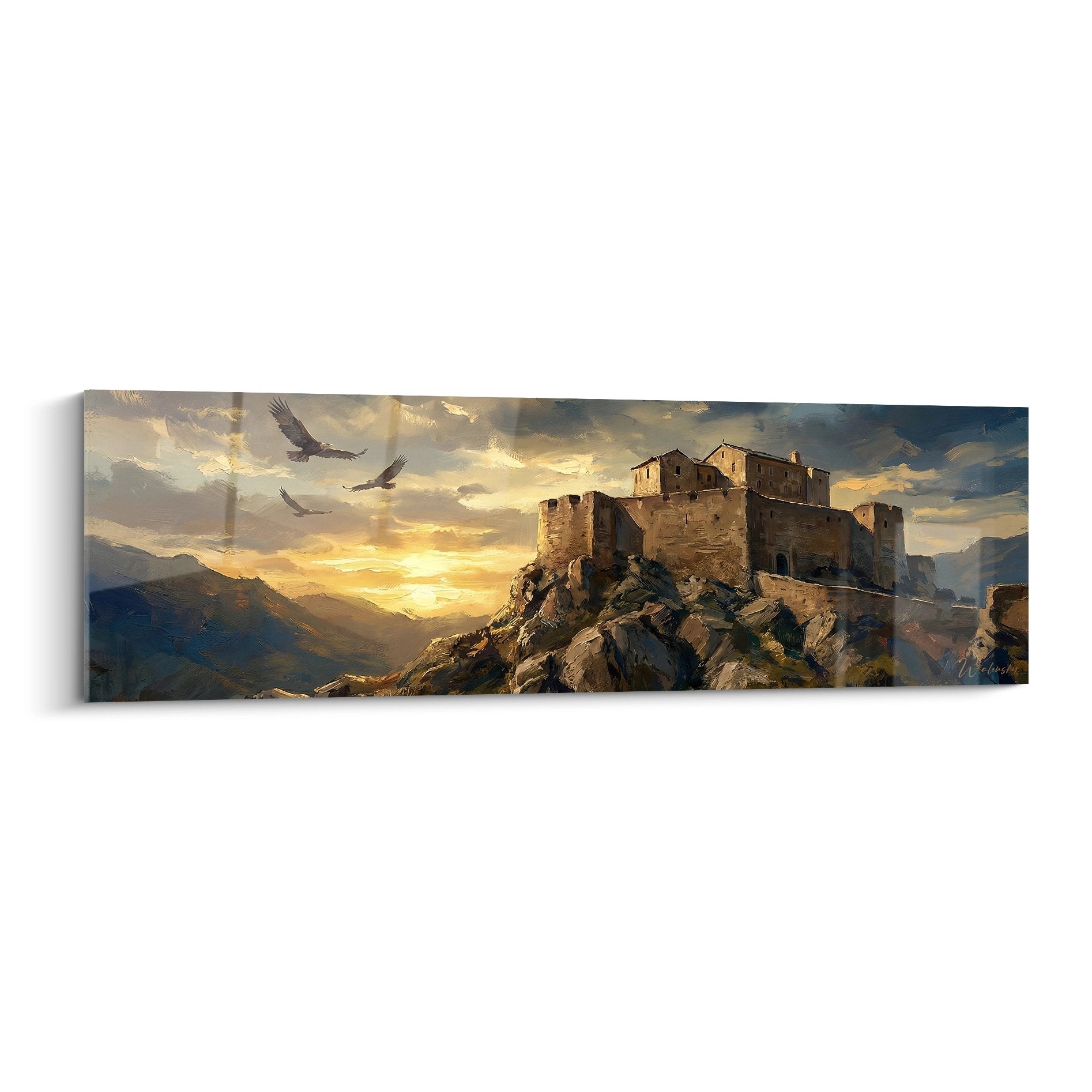 Tableau citadelle corse au coucher de soleil avec forteresse sur rocher et rapaces dans le ciel dore