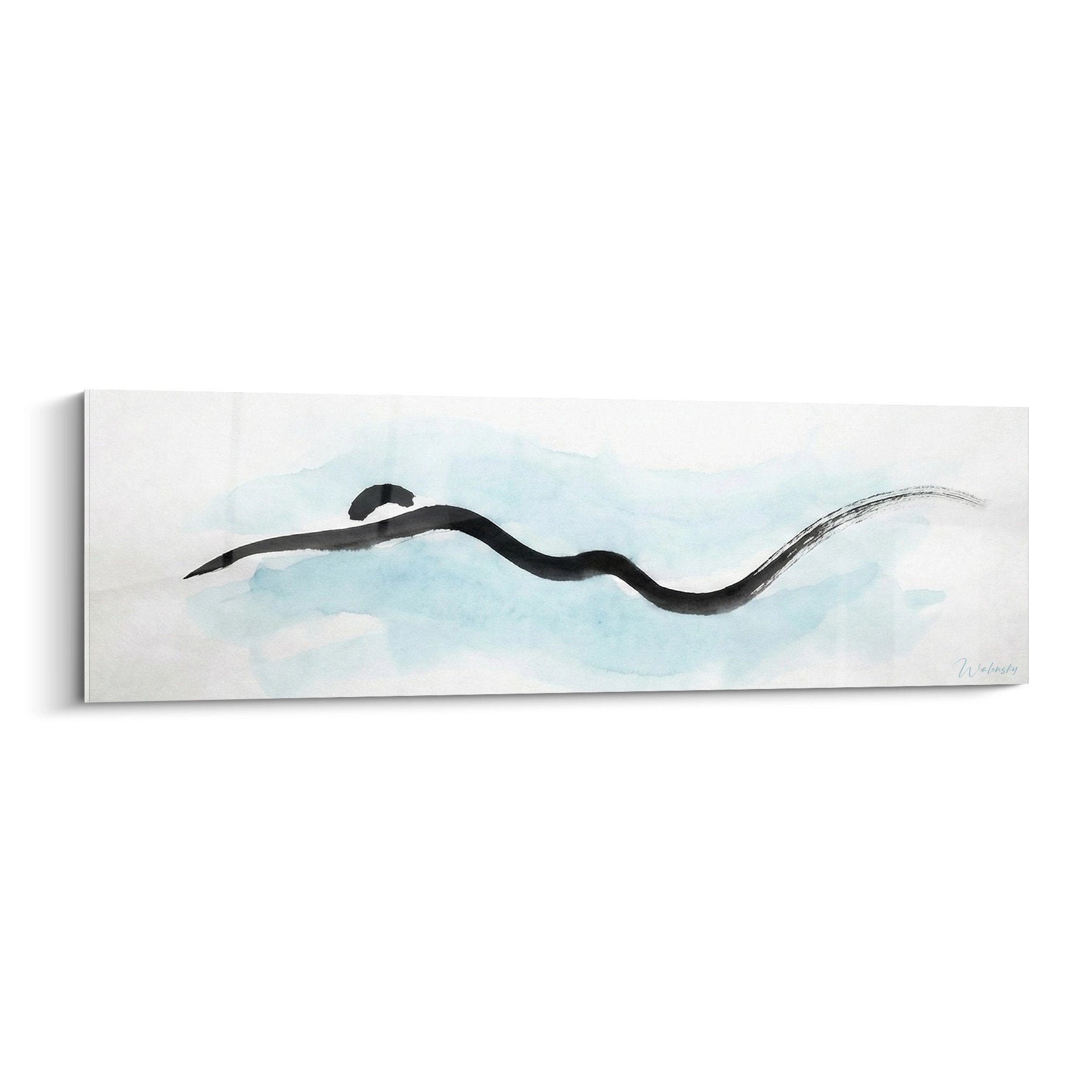 Tableau mural minimaliste représentant un nageur en mouvement avec traits noirs fluides sur fond bleu aquarelle