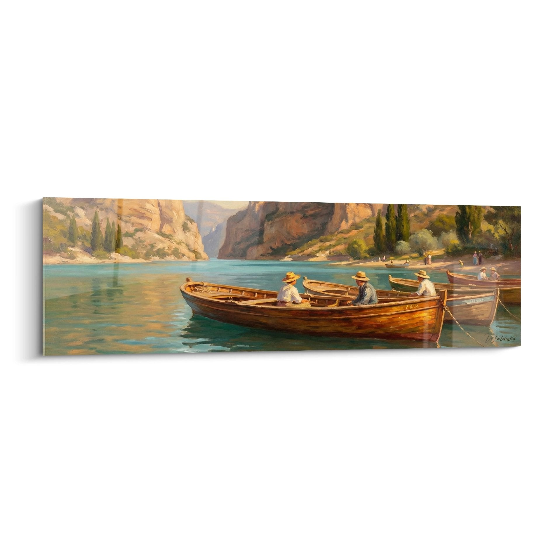 Tableau barques de peche traditionnelles sur eau turquoise avec falaises ocre style mediterraneen