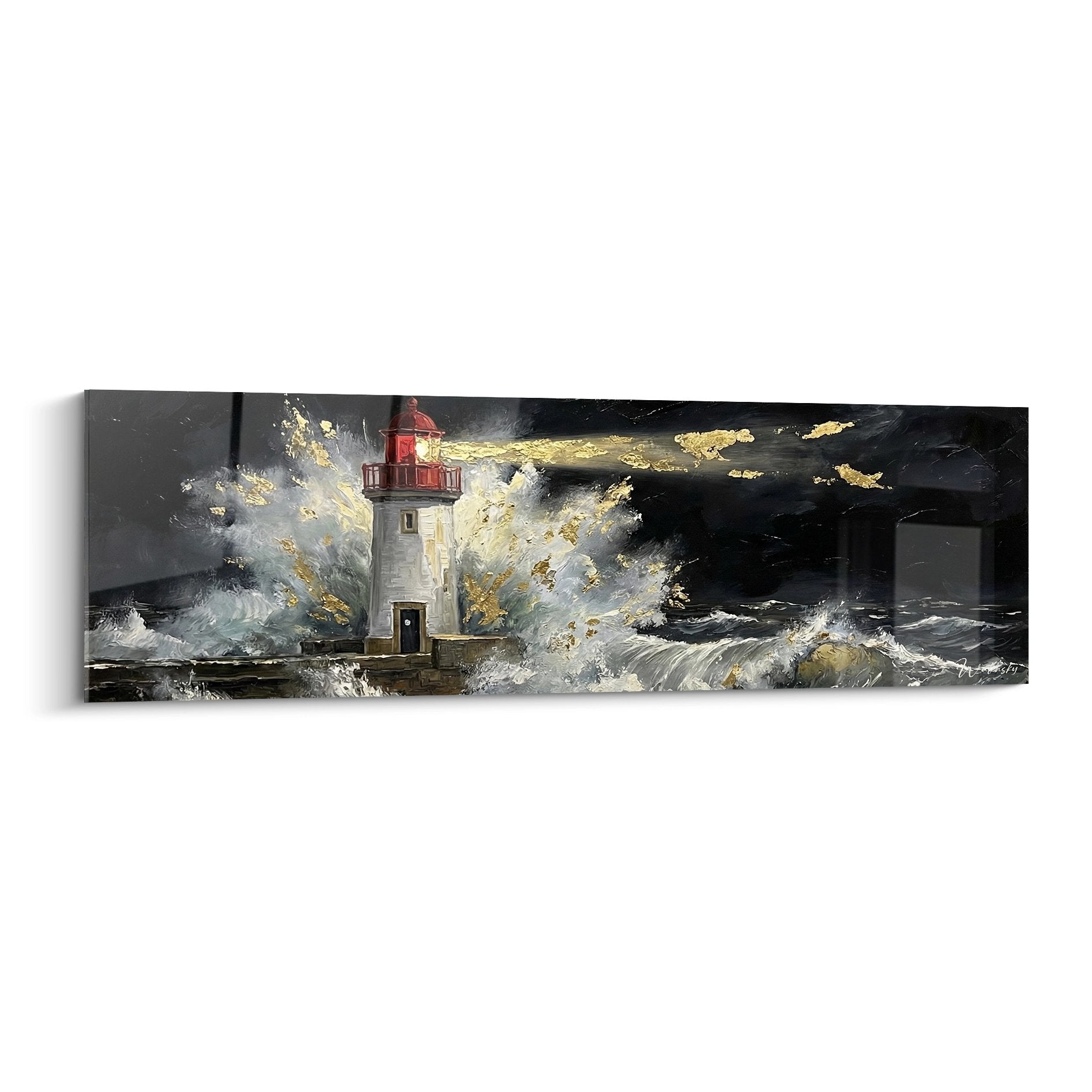 Tableau phare breton dans la tempête avec reflets dorés, art maritime Bretagne sur toile panoramique