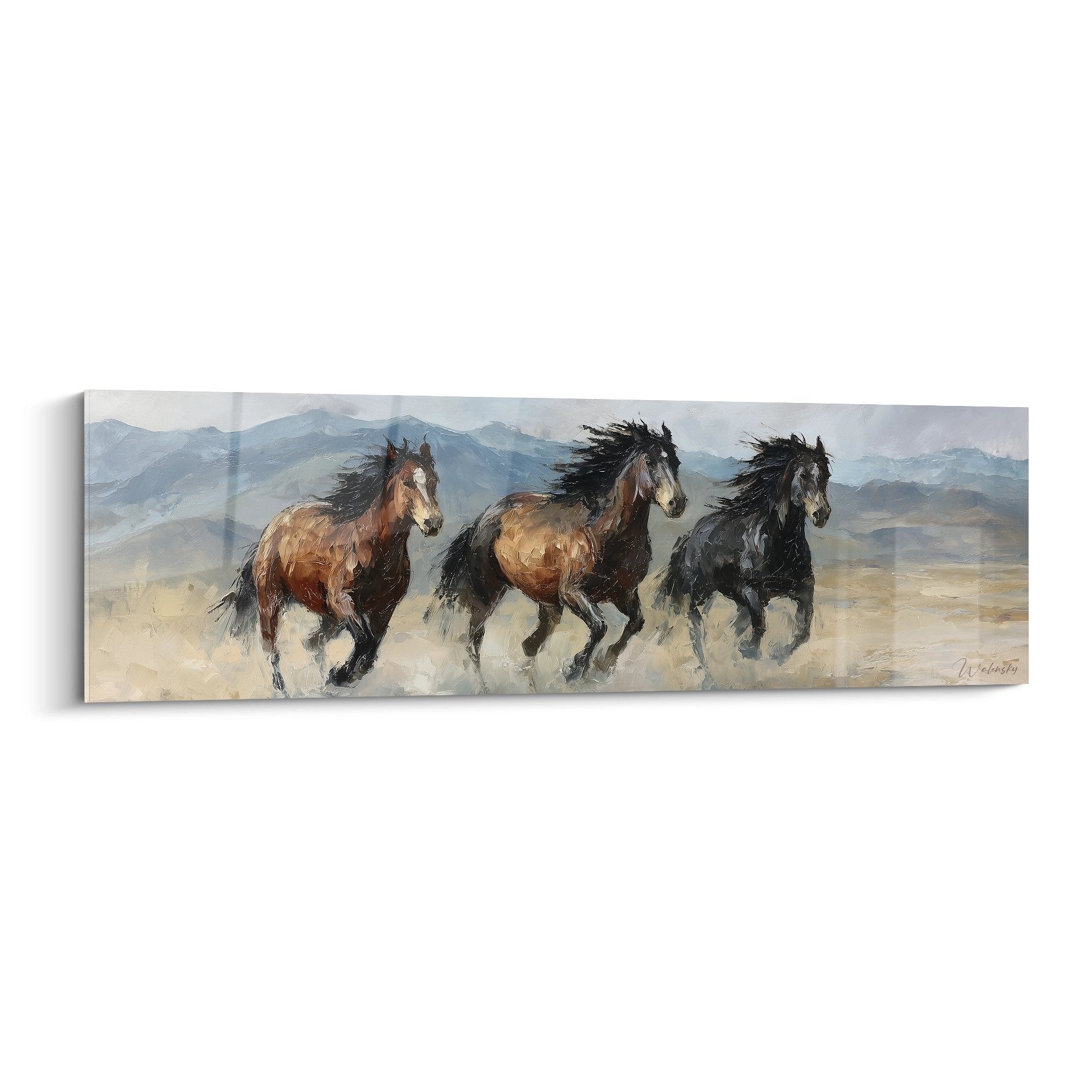 Tableau trois chevaux sauvages au galop dans paysage montagneux des Pyrénées avec crinières au vent