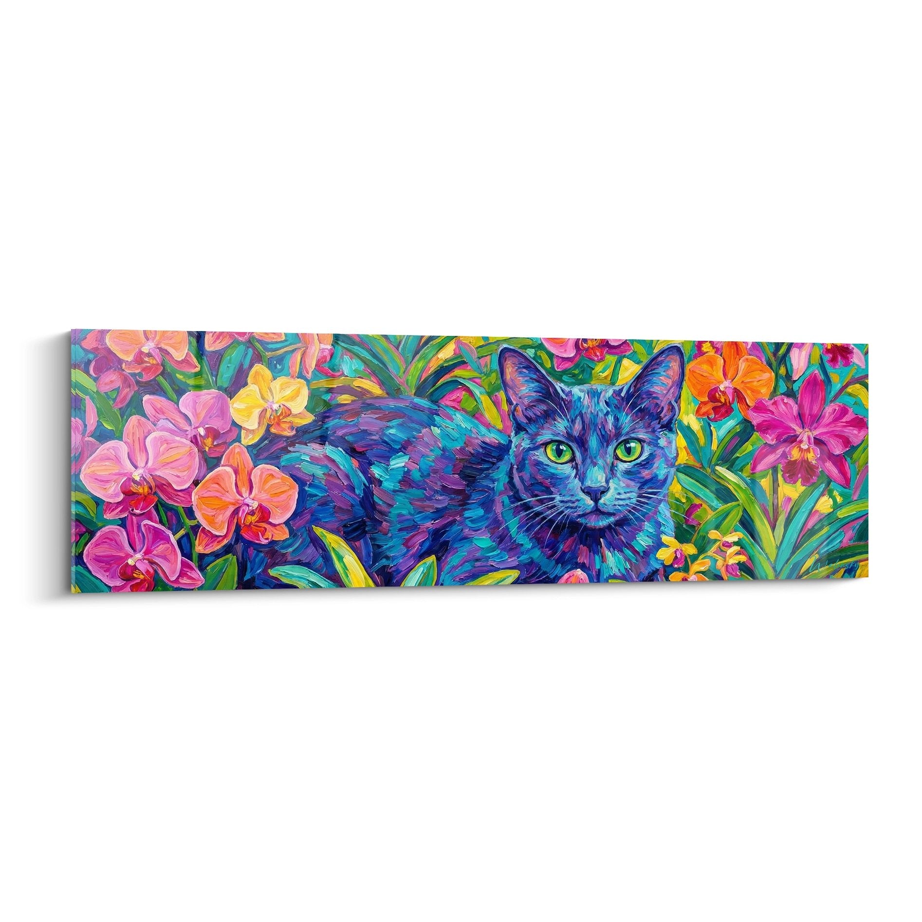 Tableau coloré d'un chat Korat bleu aux yeux verts dans un jardin tropical avec orchidées roses et oranges