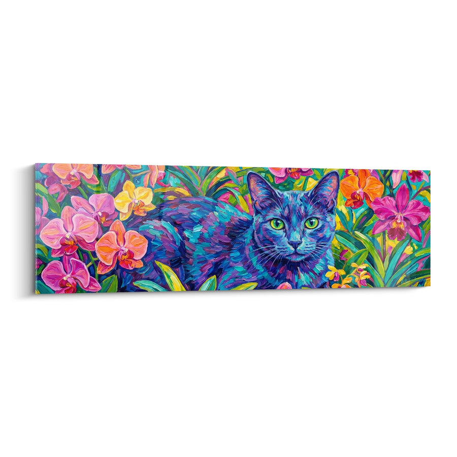 Tableau Chat Korat dans jardin tropical - Félin aux orchidées - Edition chat Korat