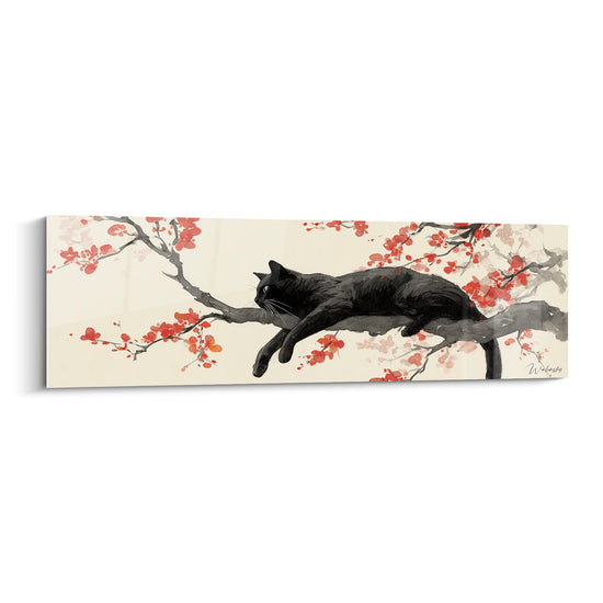 Tableau Chat Noir sur Branche Fleurie - Sérénité Japonaise - Edition chat Bombay