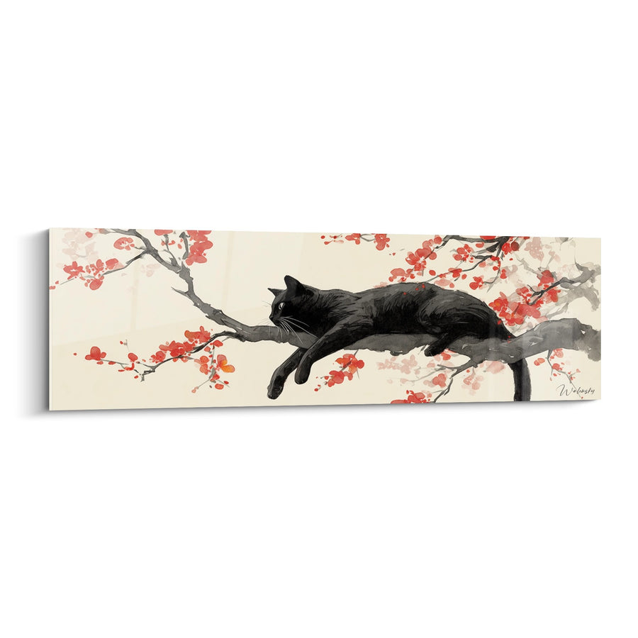 Tableau Chat Noir sur Branche Fleurie - Sérénité Japonaise - Edition chat Bombay