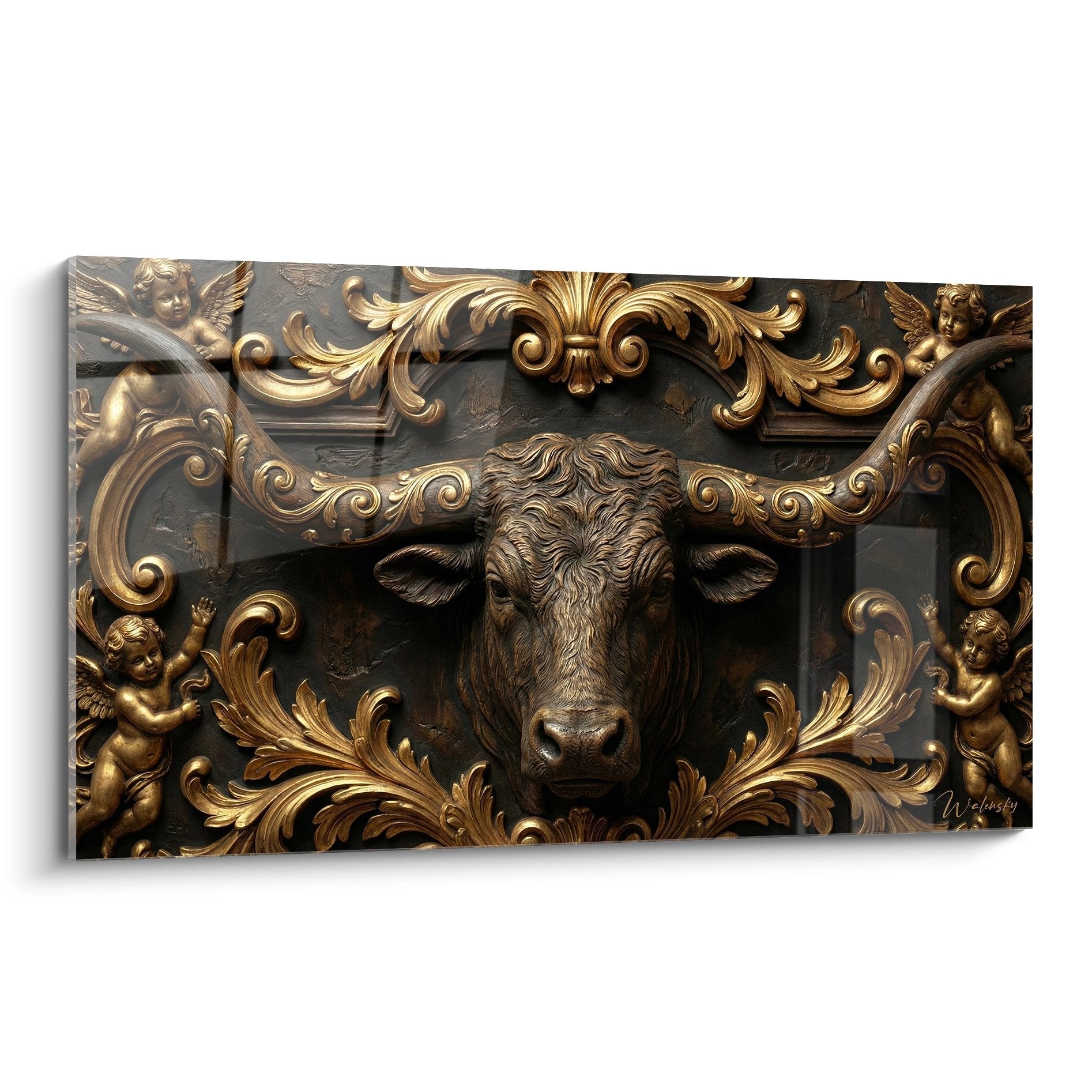 Tableau mural taureau baroque avec ornements dorés et angelots, art décoratif Camargue relief sculpté