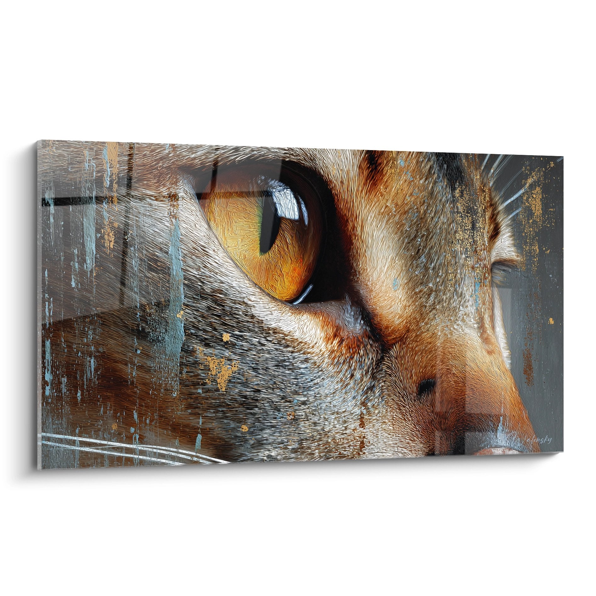 Quadro artistico che rappresenta l'occhio ambrato di un gatto Abissino con dettagli del mantello, stile contemporaneo