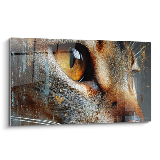 Quadro artistico che rappresenta l'occhio ambrato di un gatto Abissino con dettagli del mantello, stile contemporaneo