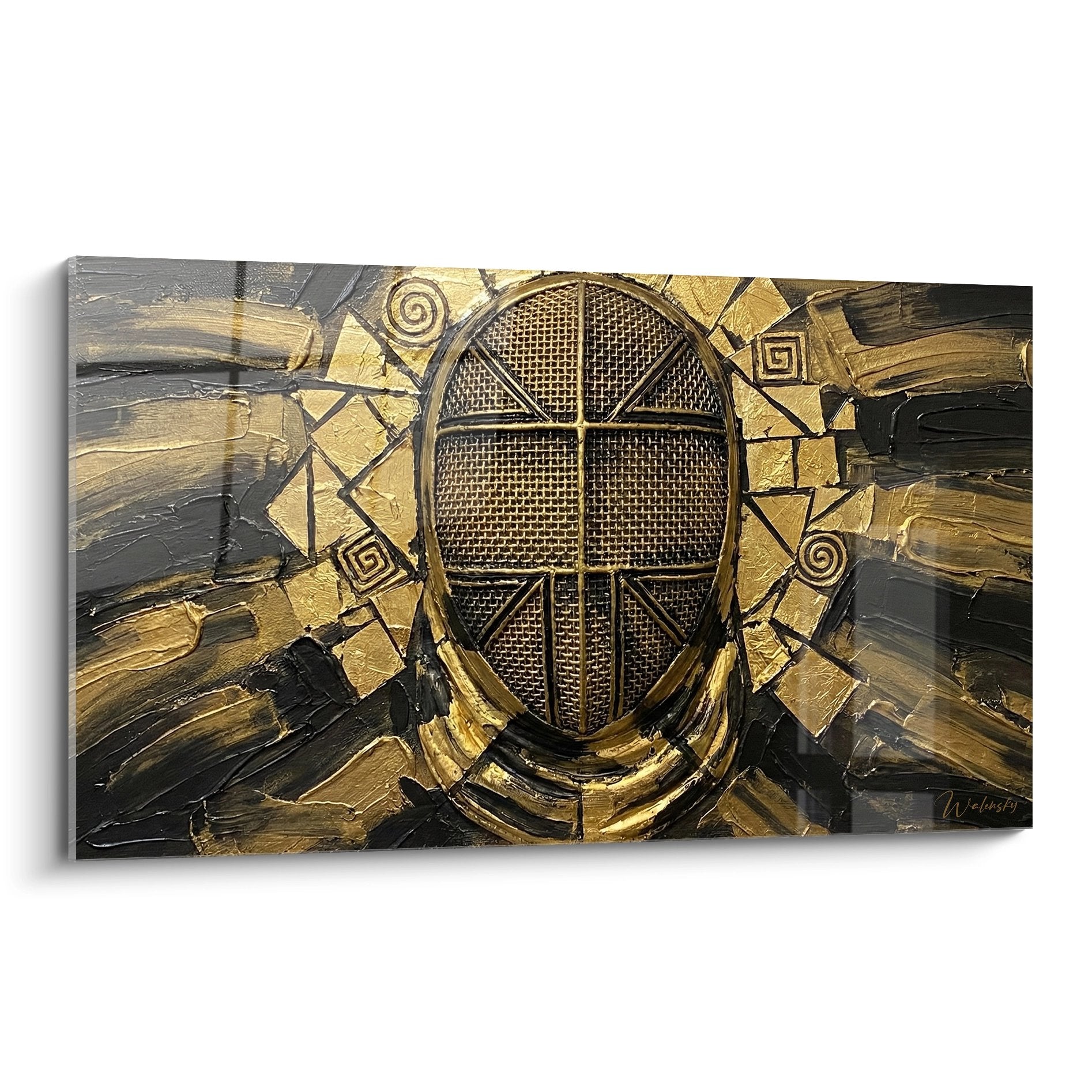 Tableau artistique représentant un masque d'escrime doré avec effets de lumière dorée sur toile