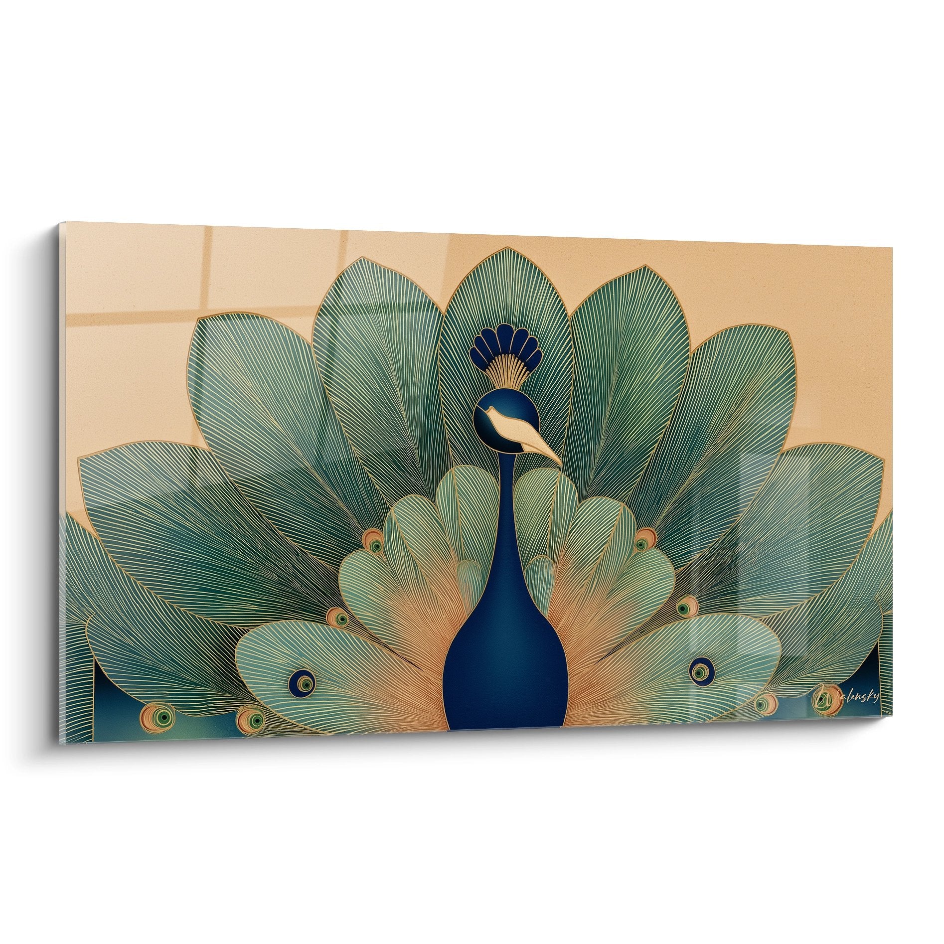 Tableau paon art déco aux plumes déployées, design bleu et doré sur fond beige, style vintage élégant