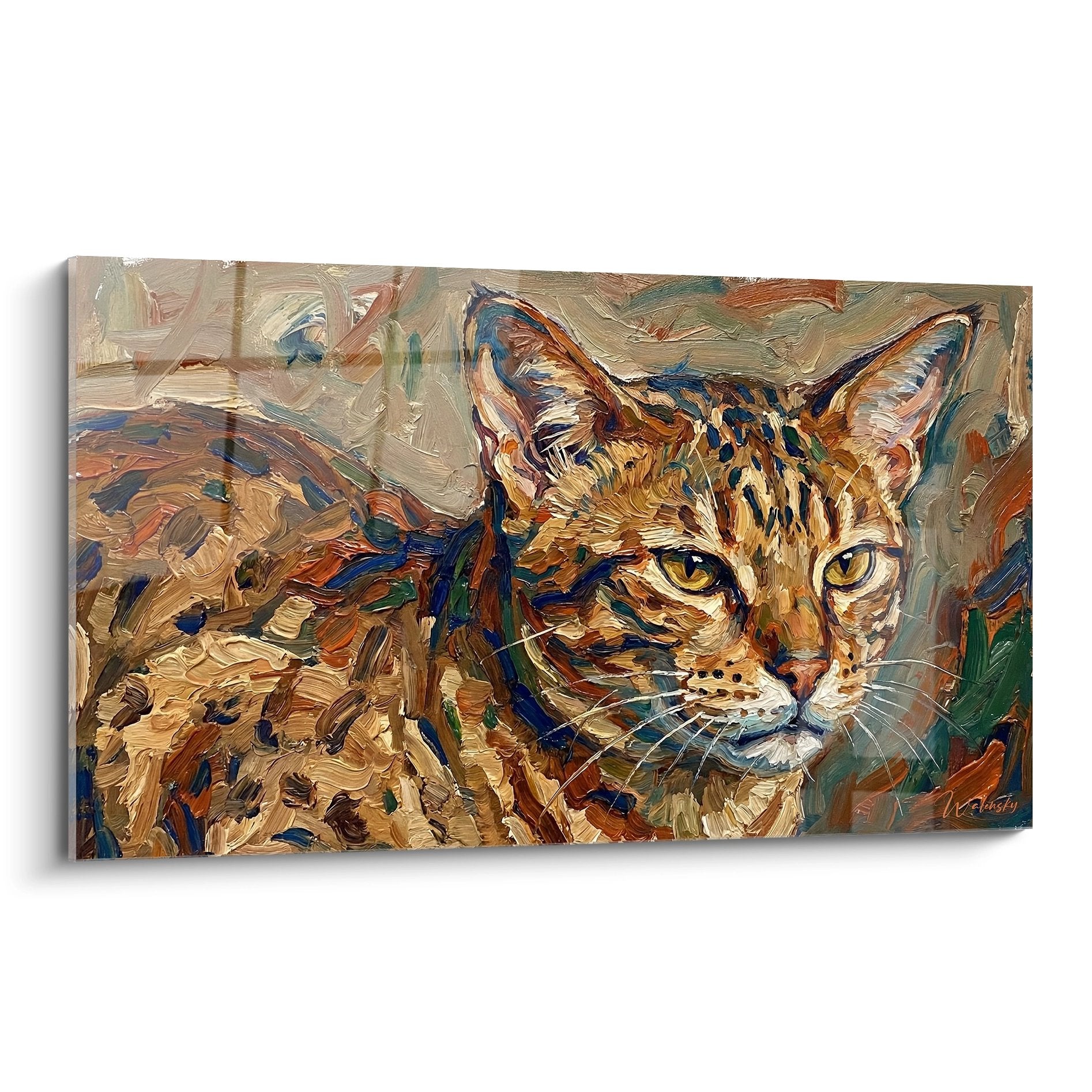 Tableau impressionniste representant un chat Ocicat aux yeux ambre sur fond chaud avec technique de pinceau expressive