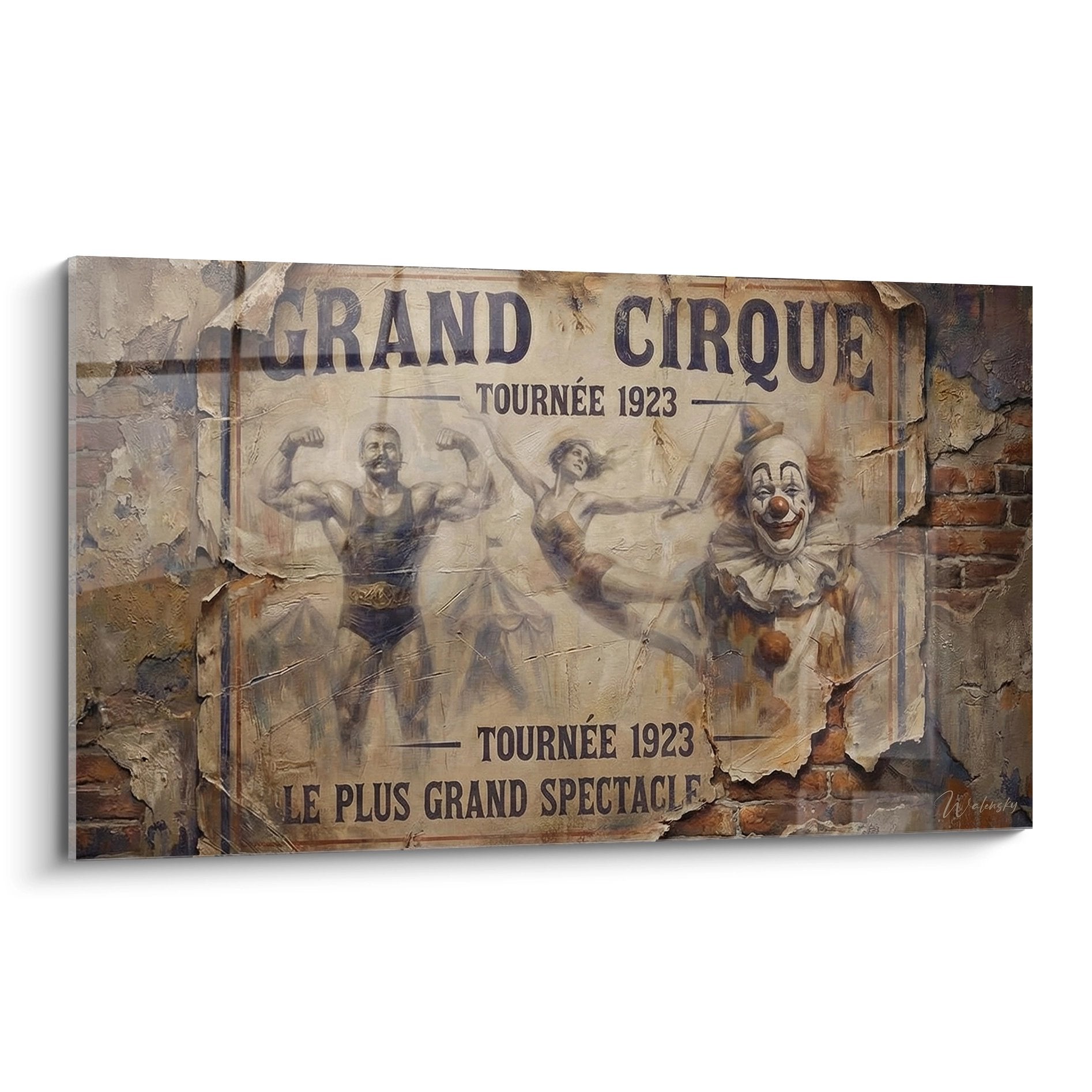 Tableau vintage affiche Grand Cirque 1923 avec homme fort, trapéziste et clown sur mur patiné