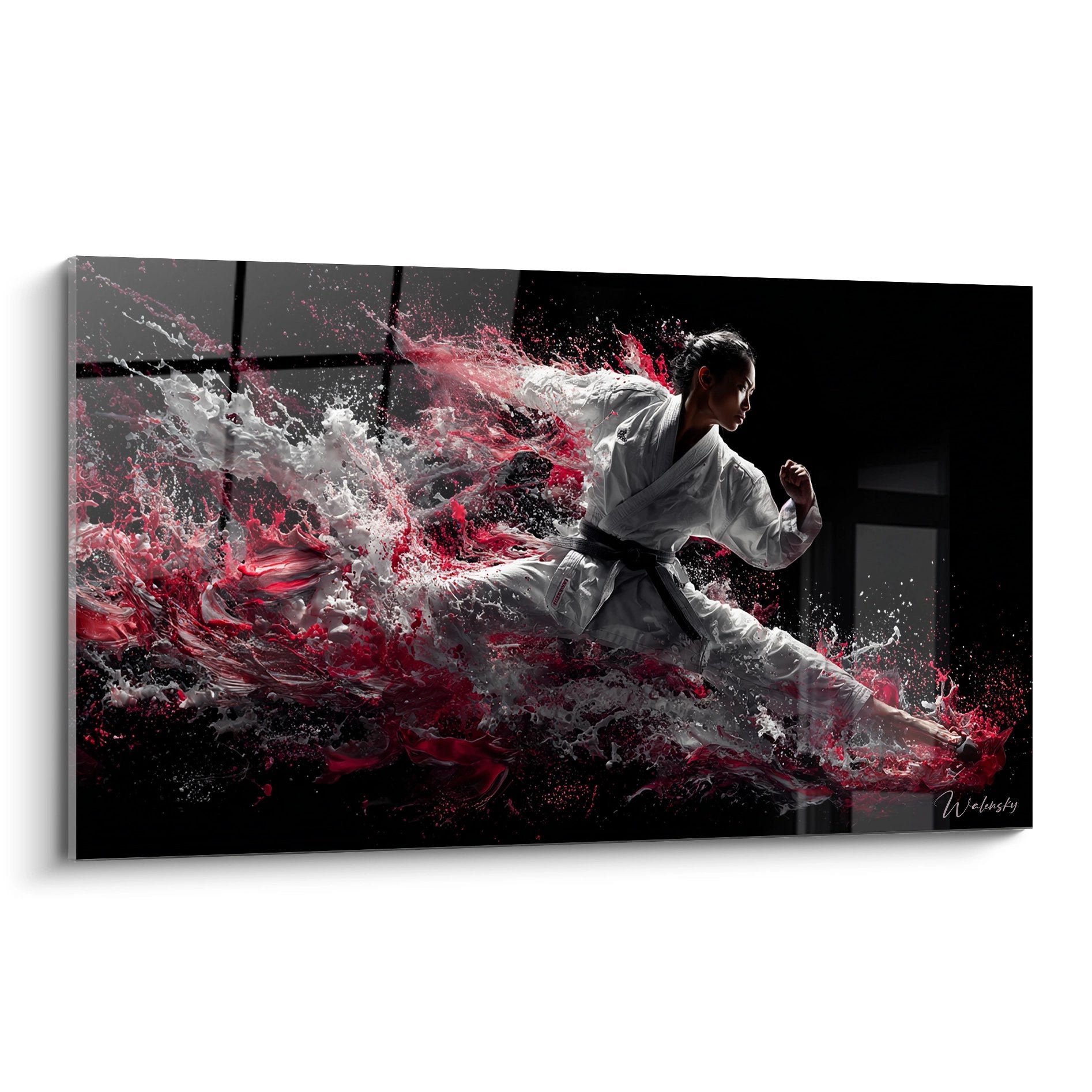Tableau karaté moderne montrant karatéka en kimono blanc avec explosion de couleurs rouge et blanc sur fond noir