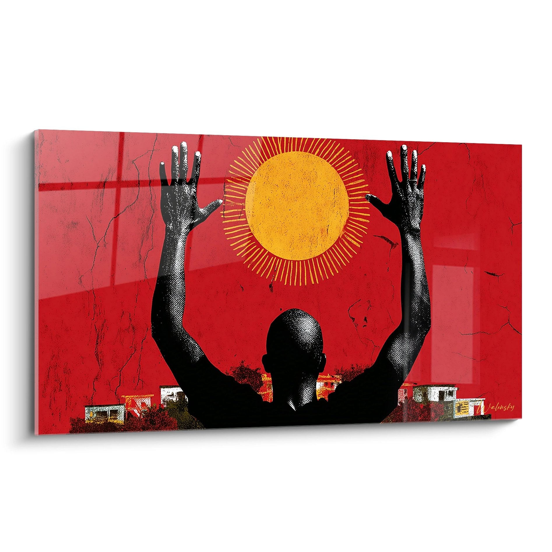 Quadro arte africana sole spirituale silhouette braccia alzate sfondo rosso edizione viso africano decorazione murale