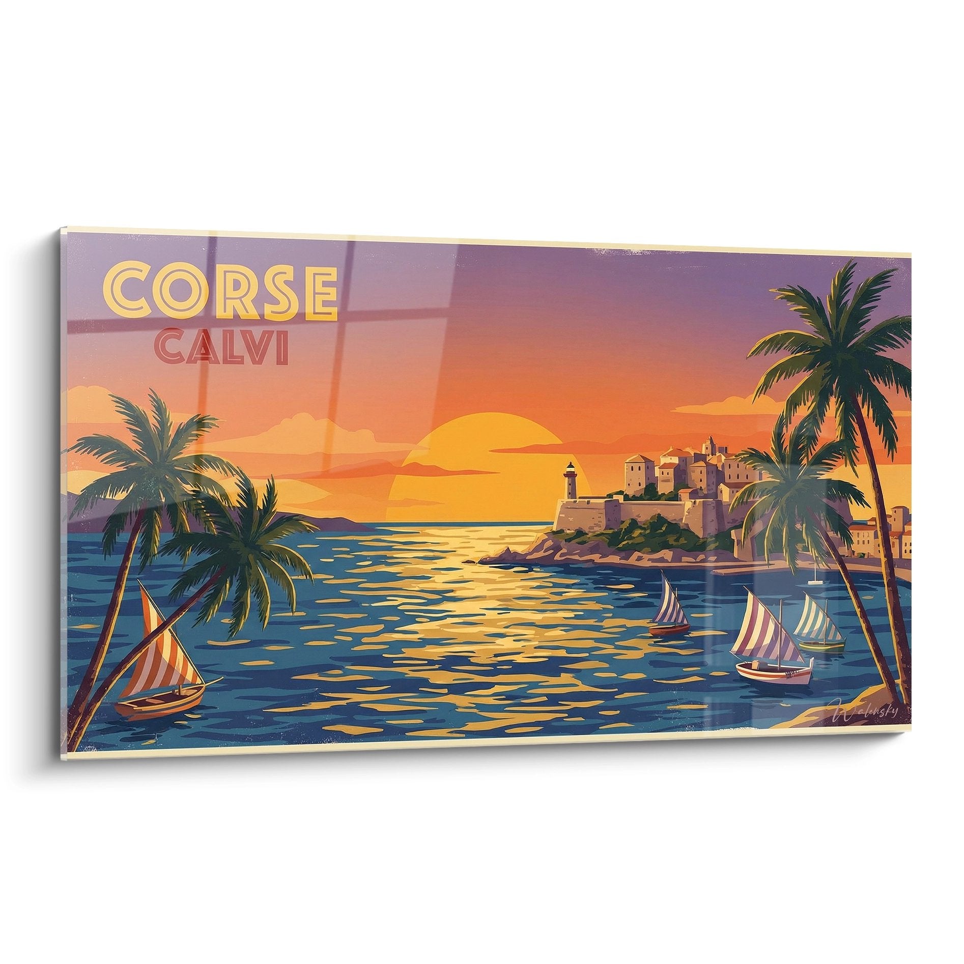 Tableau vintage Corse Calvi coucher soleil citadelle palmiers voiliers baie méditerranéenne art déco