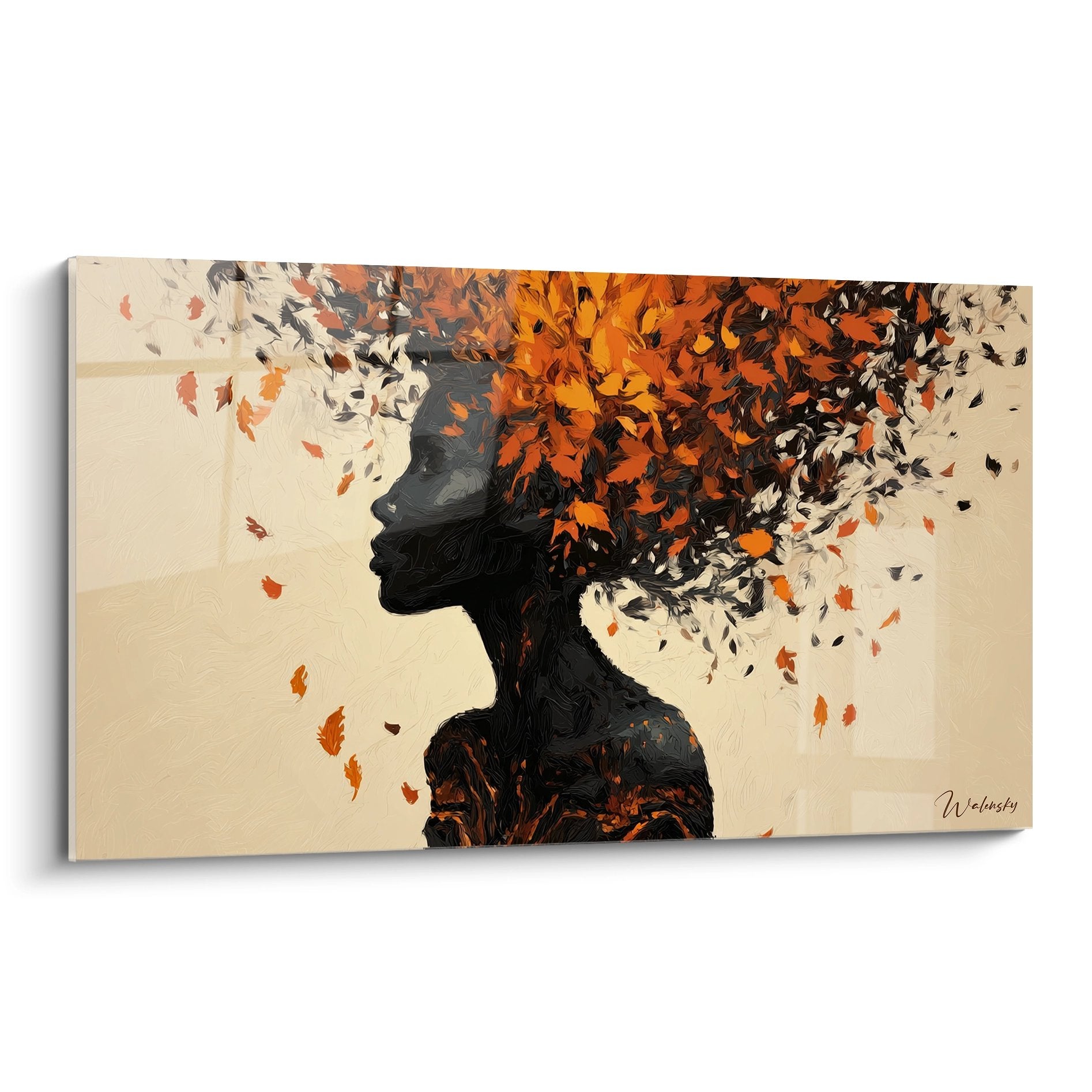 Quadro moderno che rappresenta una donna africana di profilo con capelli trasformati in fogliame autunnale colorato