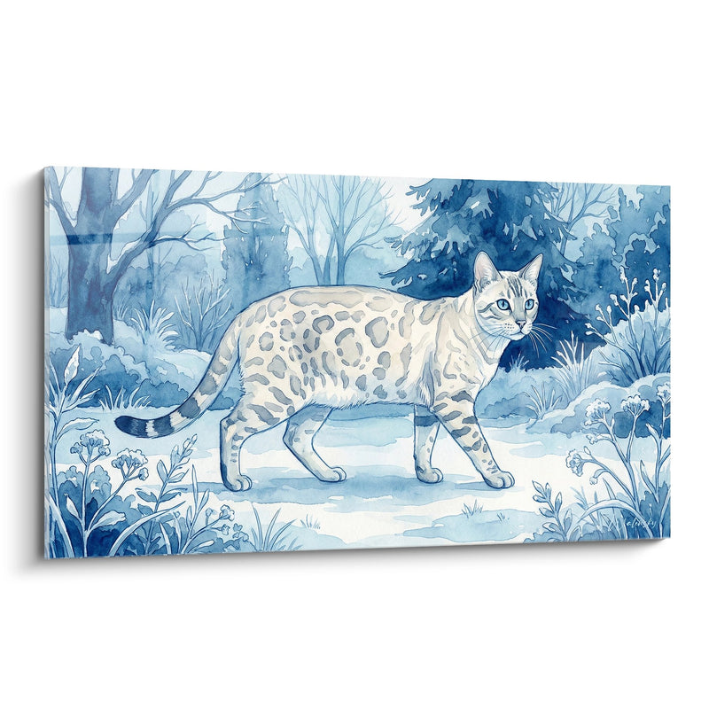 Tableau Chat Bengal Aquarelle Bleue - Félin Sauvage Hivernal - Edition chat Bengal