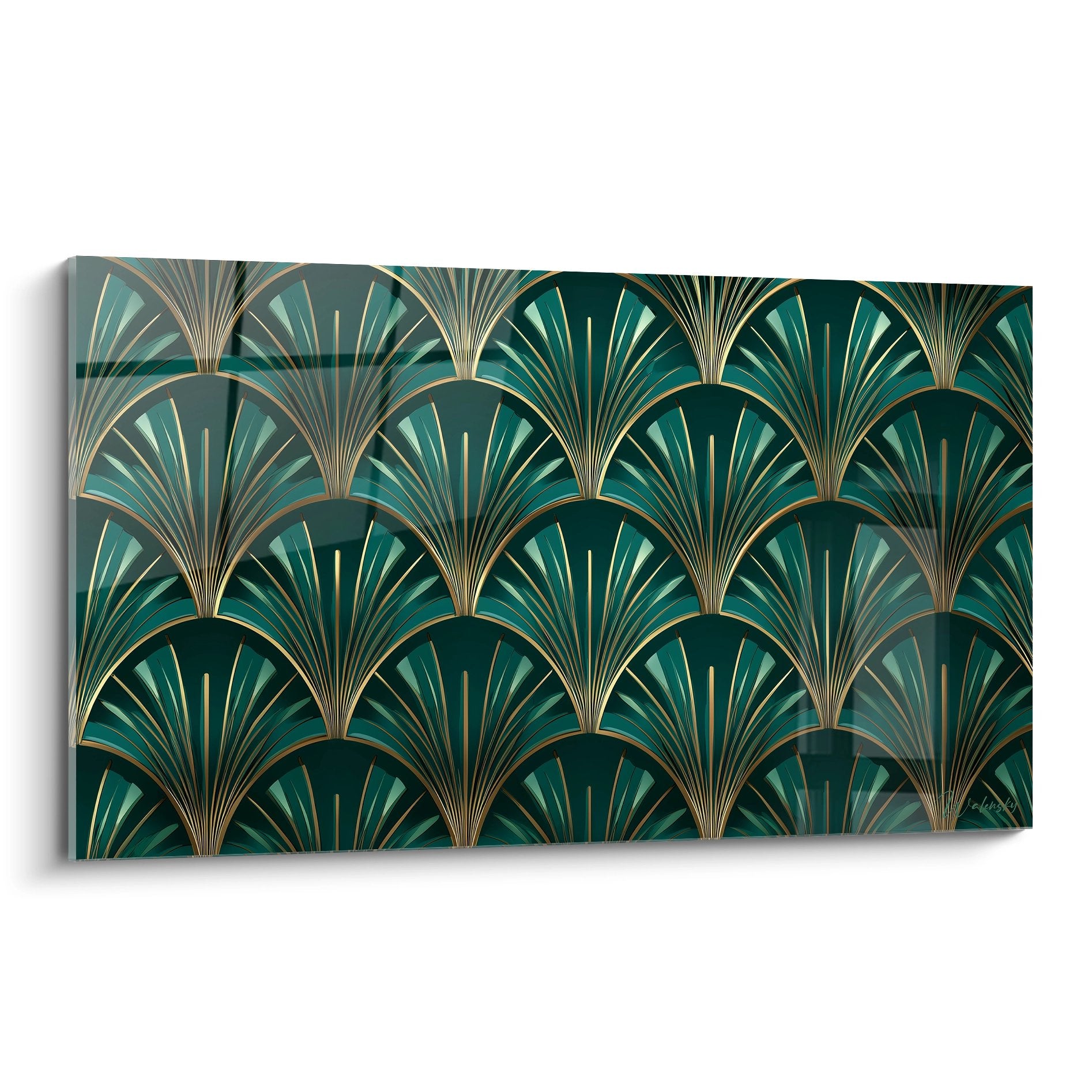 Tableau art déco motifs éventails dorés sur fond vert émeraude, design géométrique années 1920 décoration murale