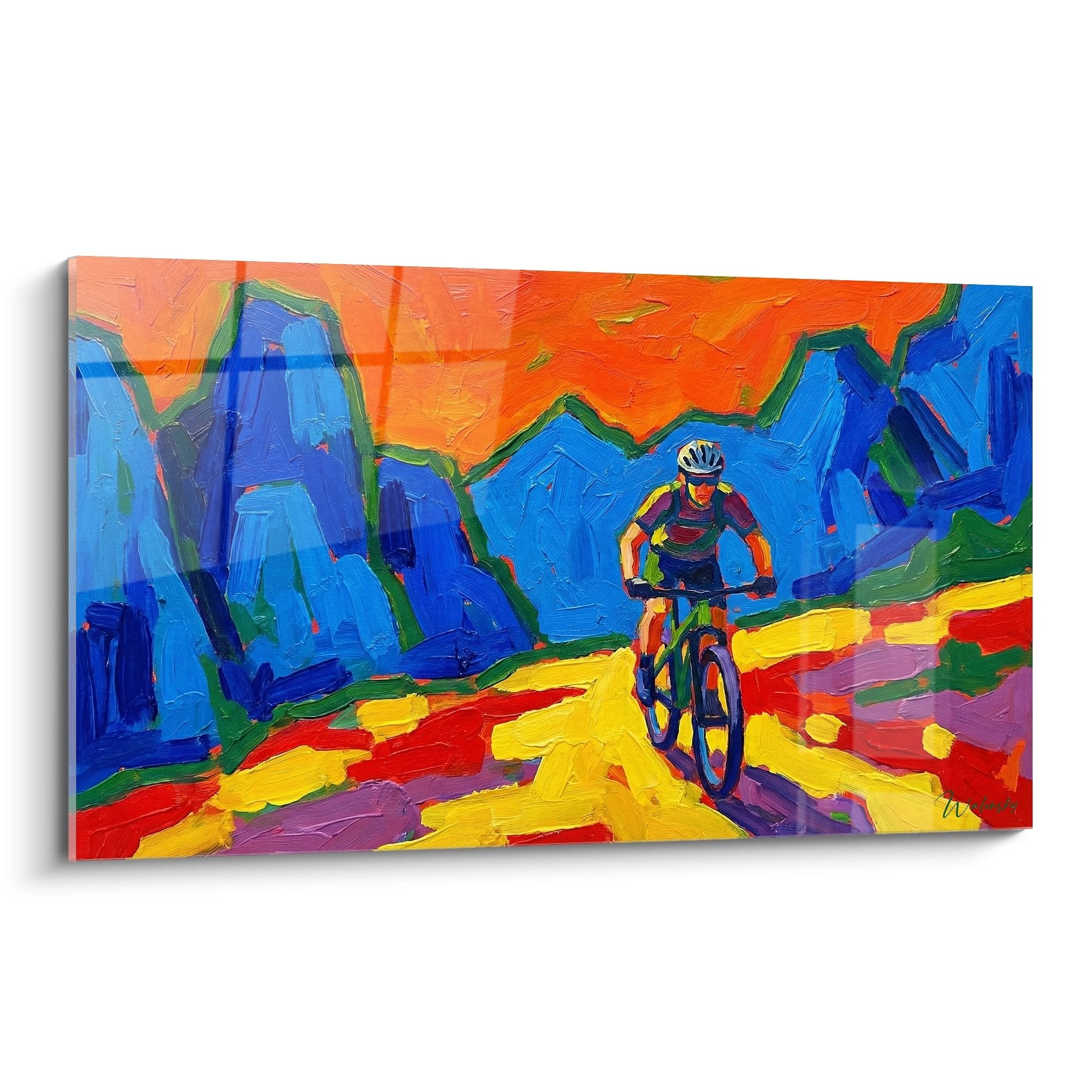 Tableau VTT montagne couleurs vives cycliste trail sentier peinture moderne art contemporain sport outdoor