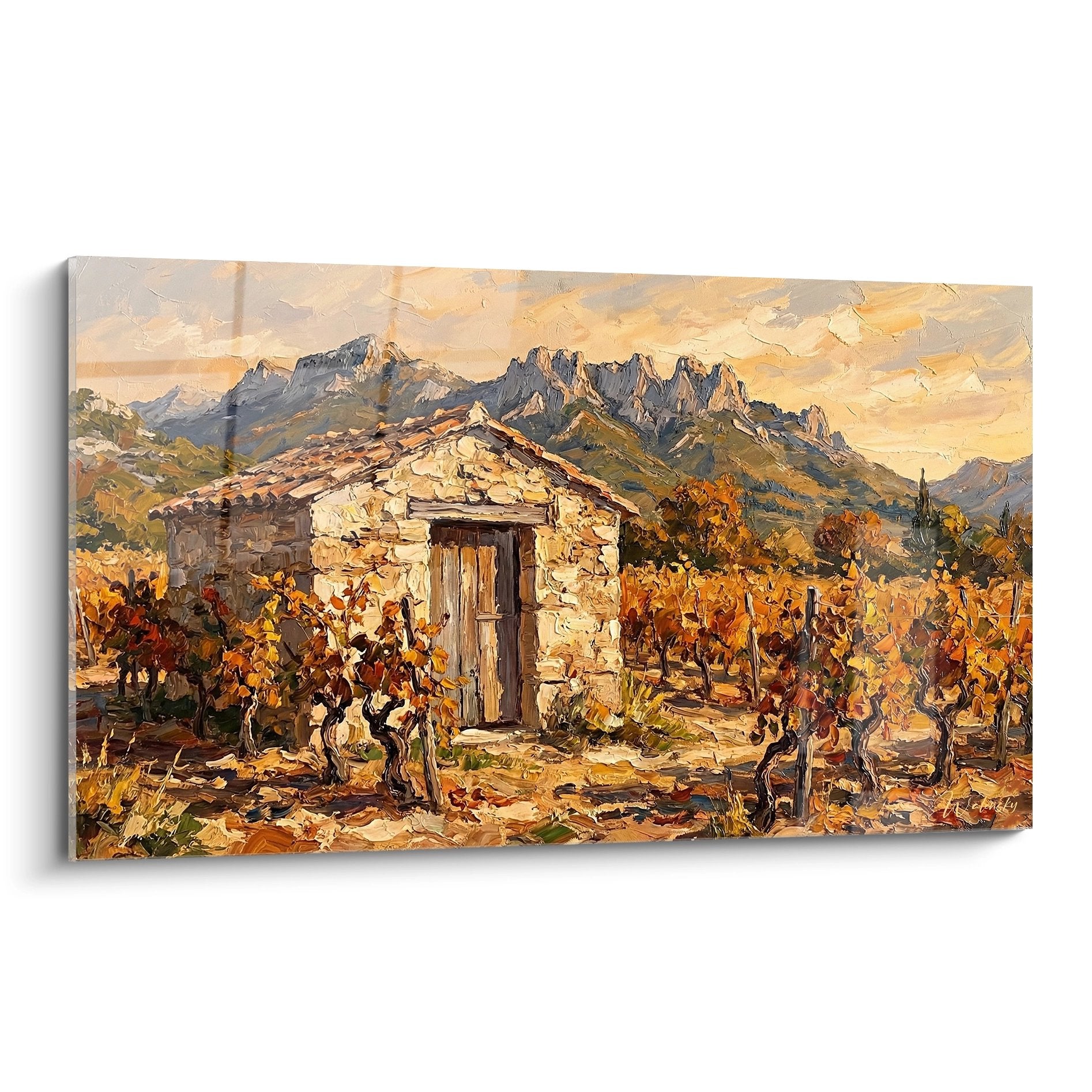 Tableau cabanon de vigneron en Provence avec vignes automnales et montagnes, style peinture à l'huile méditerranéenne