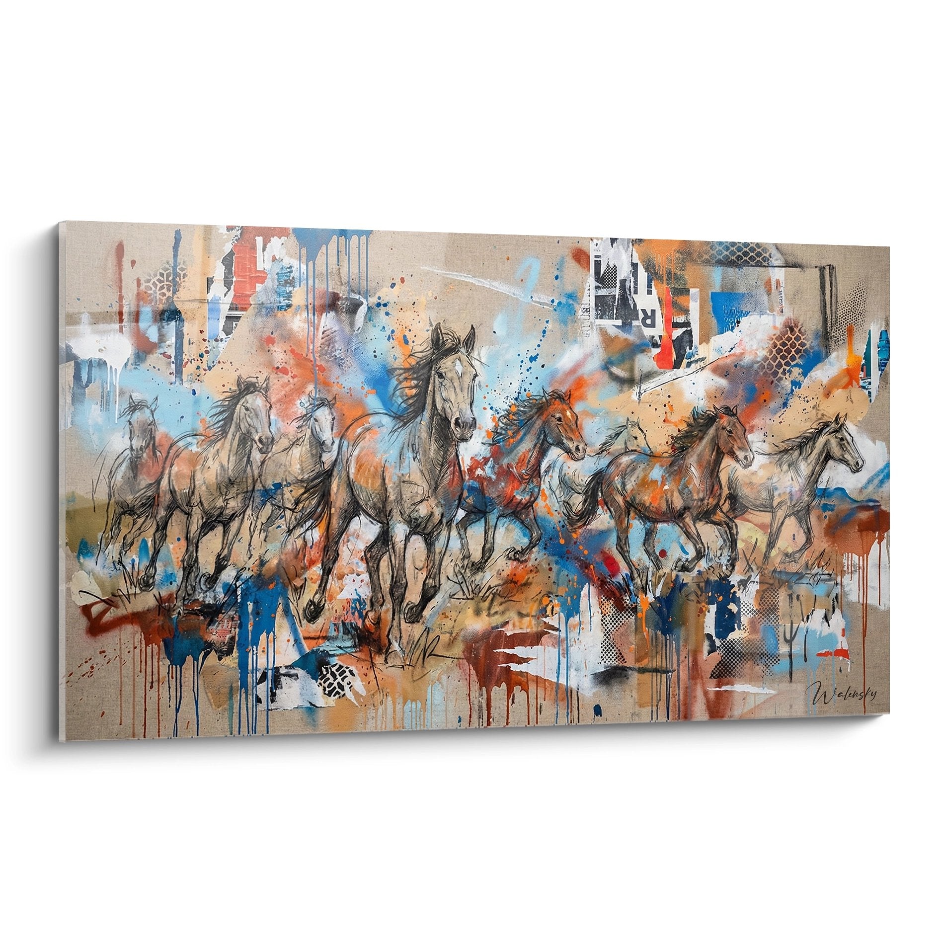 Tableau contemporain chevaux sauvages en galop, style abstrait mixed-media aux couleurs vives orange et bleu