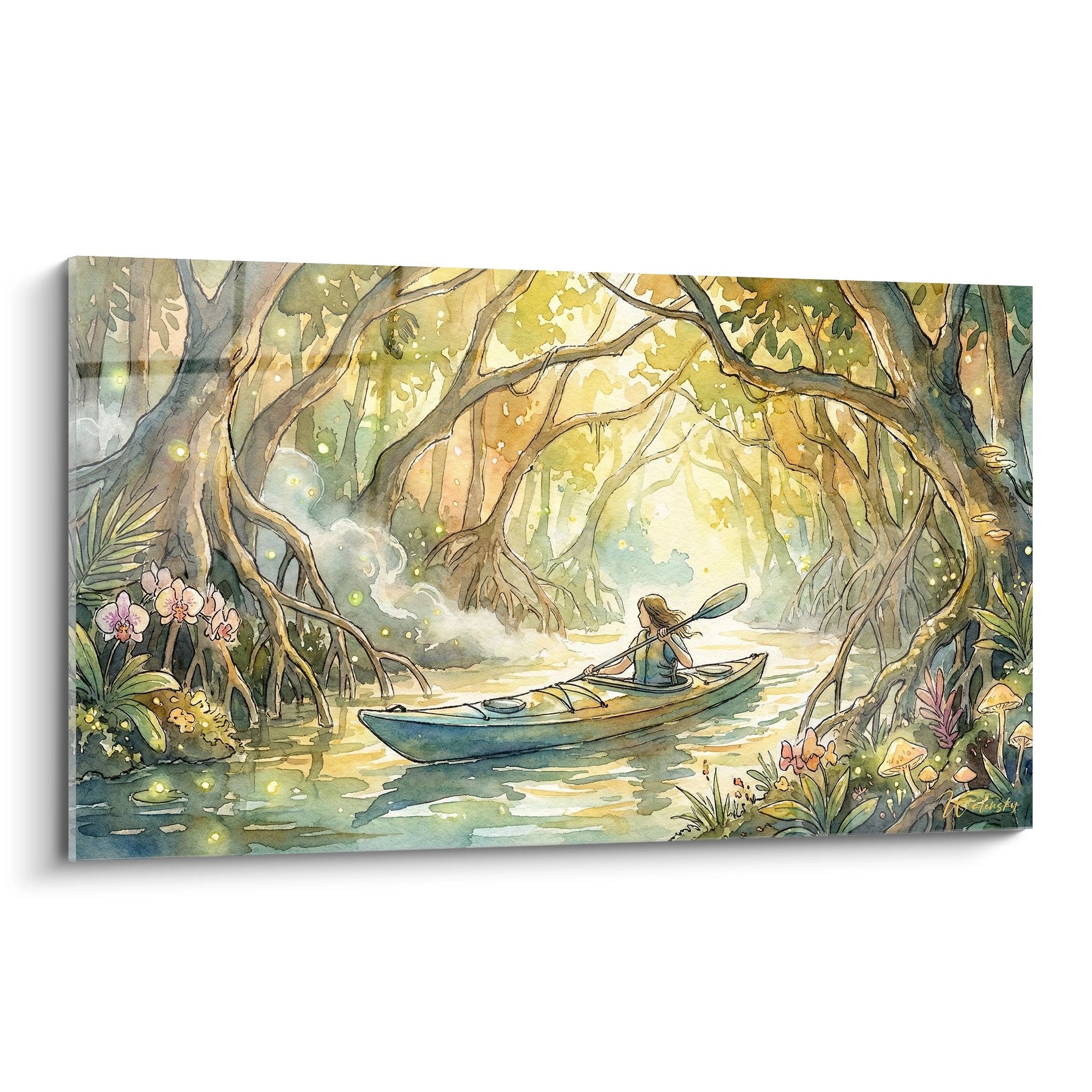 Tableau aquarelle kayak dans forêt enchantée aux tons dorés avec kayakeur naviguant entre arbres majestueux