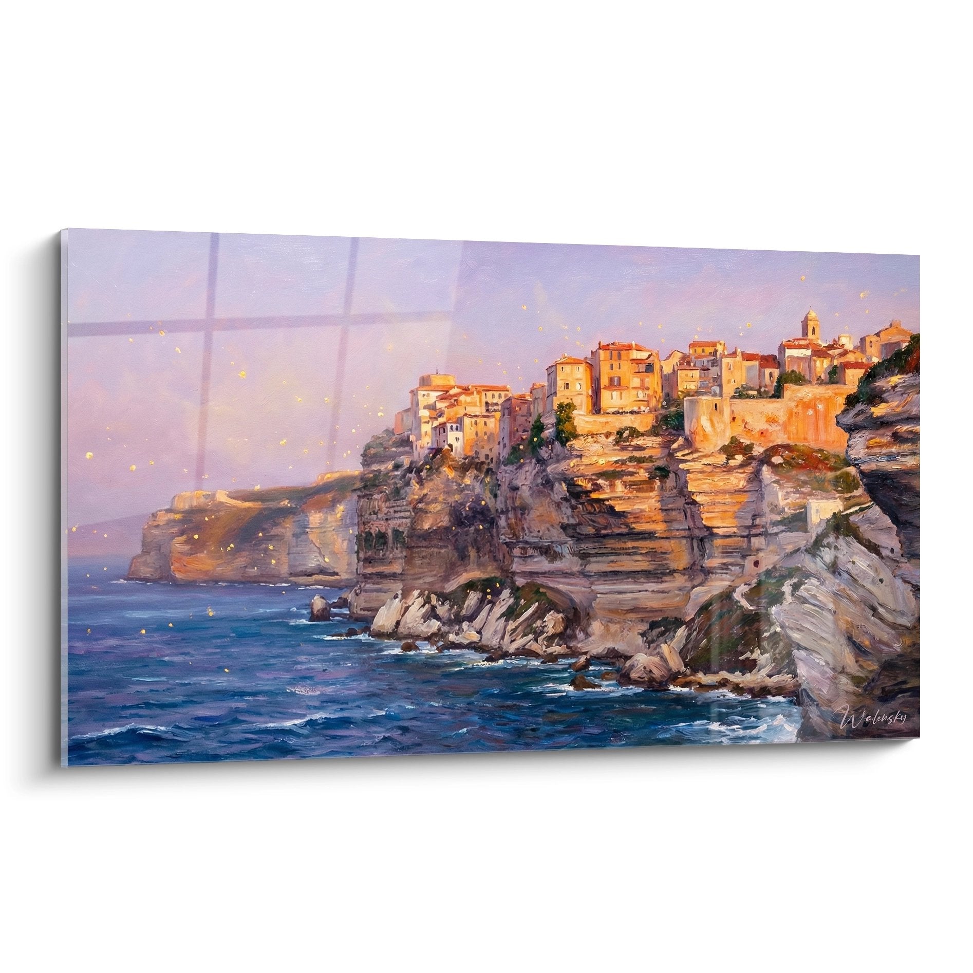 Tableau Bonifacio citadelle sur falaises calcaires au coucher du soleil, maisons traditionnelles corses