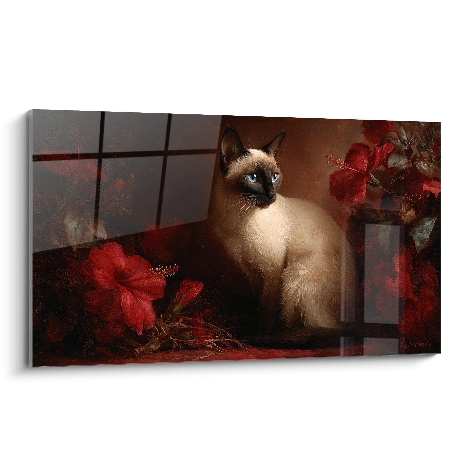 Tableau chat Balinais aux yeux bleus entouré de fleurs d'hibiscus rouges dans décor tropical élégant