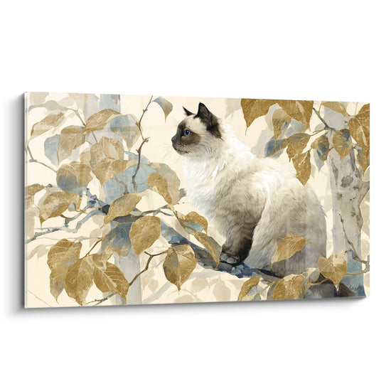 Tableau mural chat Birman aux yeux bleus pose parmi feuillage dore automnal decoration murale feline elegante