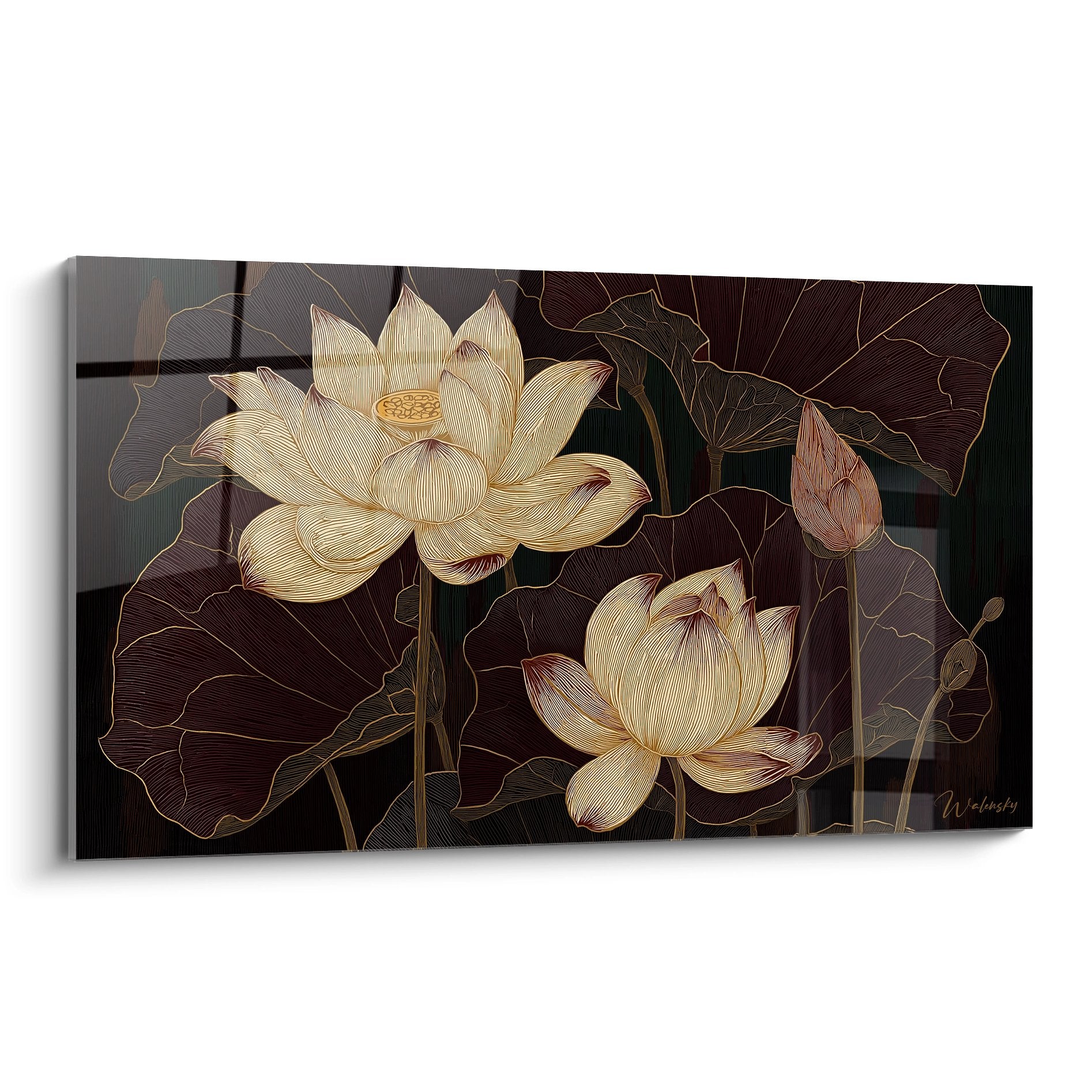 Tableau art déco lotus dorés sur fond sombre avec feuilles stylisées decoration murale elegante