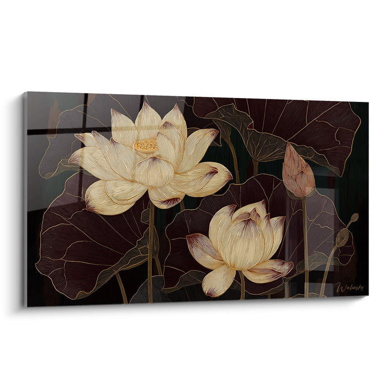 Tableau Fleurs de Lotus - Élégance Dorée - Edition Art déco