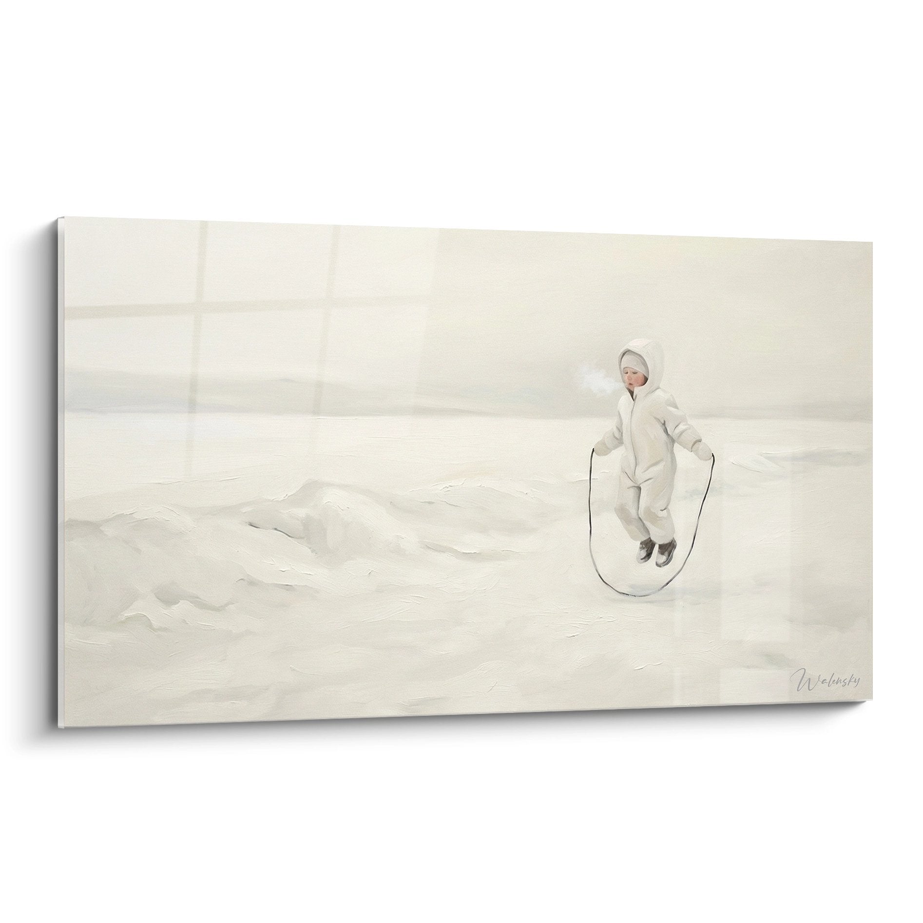 Tableau mural enfant sautant à la corde dans paysage hivernal blanc minimaliste art décoratif chambre