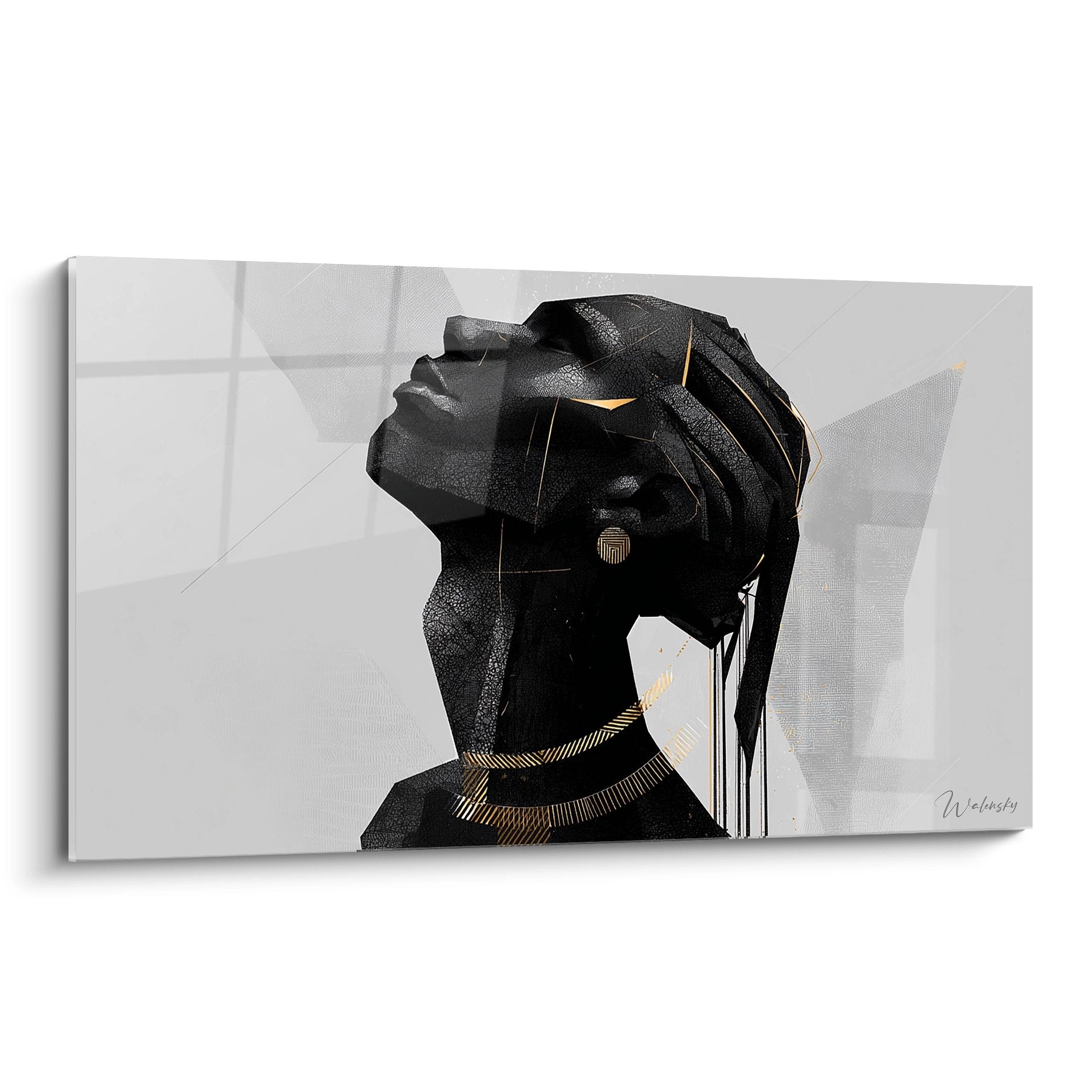 Quadro moderno donna africana elegante con dettagli dorati su sfondo geometrico grigio