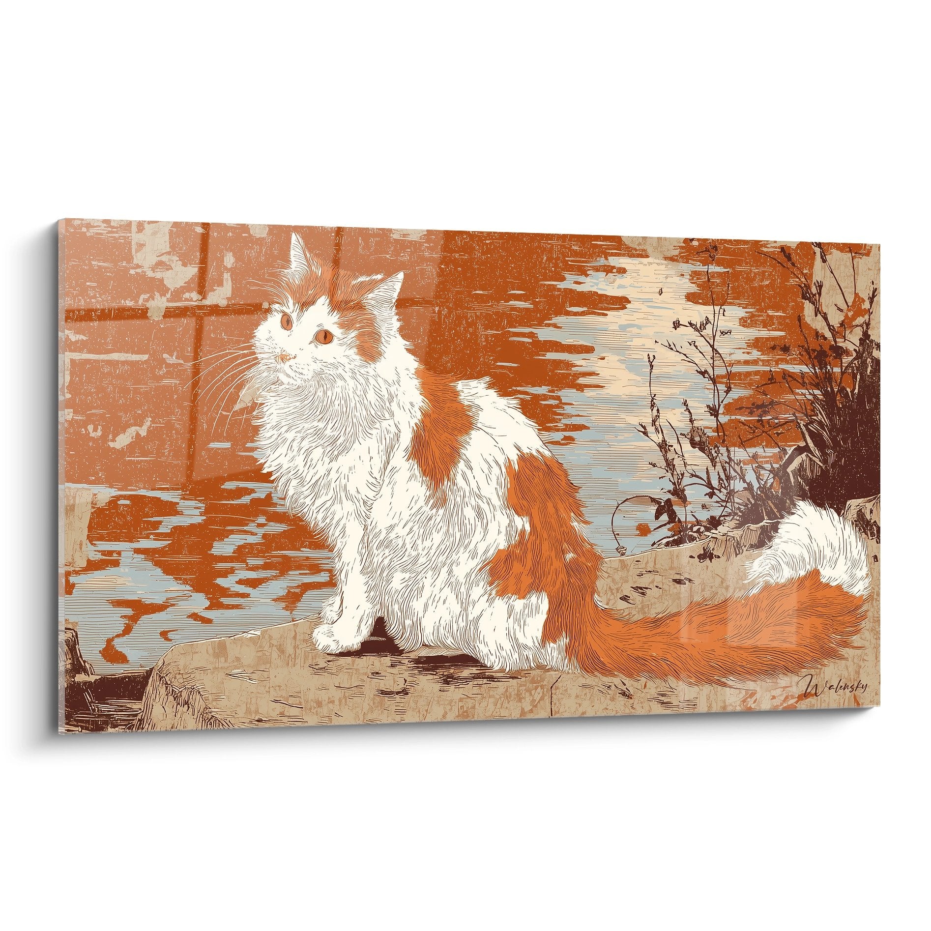 Tableau chat Turkish Van roux et blanc style gravure vintage avec tonalites ocre sur toile decorative