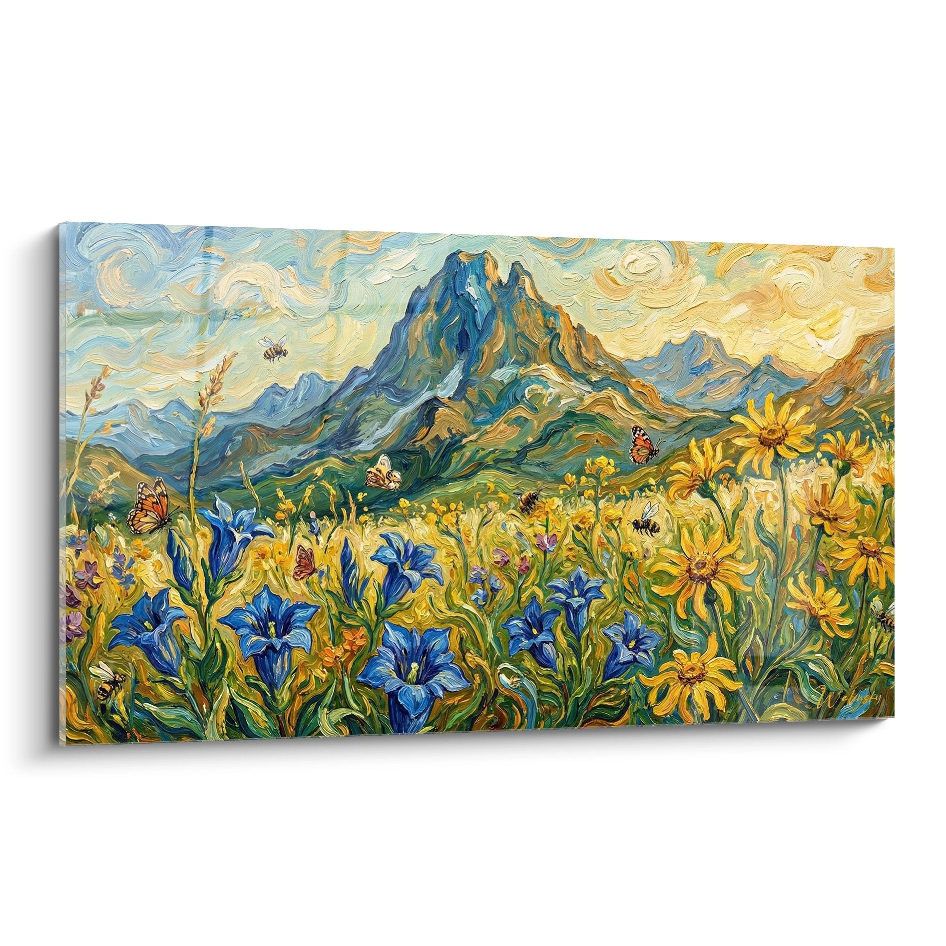 Tableau paysage Pyrénées avec prairie fleurie iris bleus marguerites jaunes montagnes style post-impressionniste