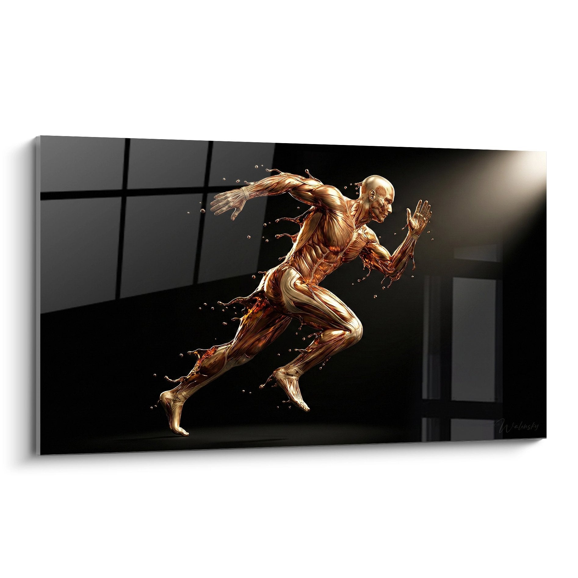 Tableau moderne représentant un coureur anatomique en mouvement avec musculature dorée sur fond sombre contemporain