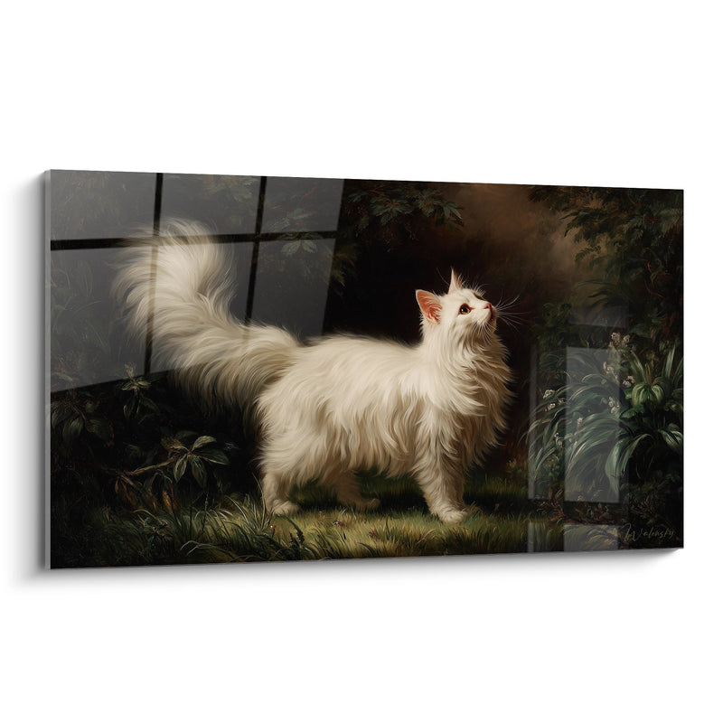 White Turkish Angora Cat in Garden Painting - Feline Elegance - Turkish Angora Cat Edition
