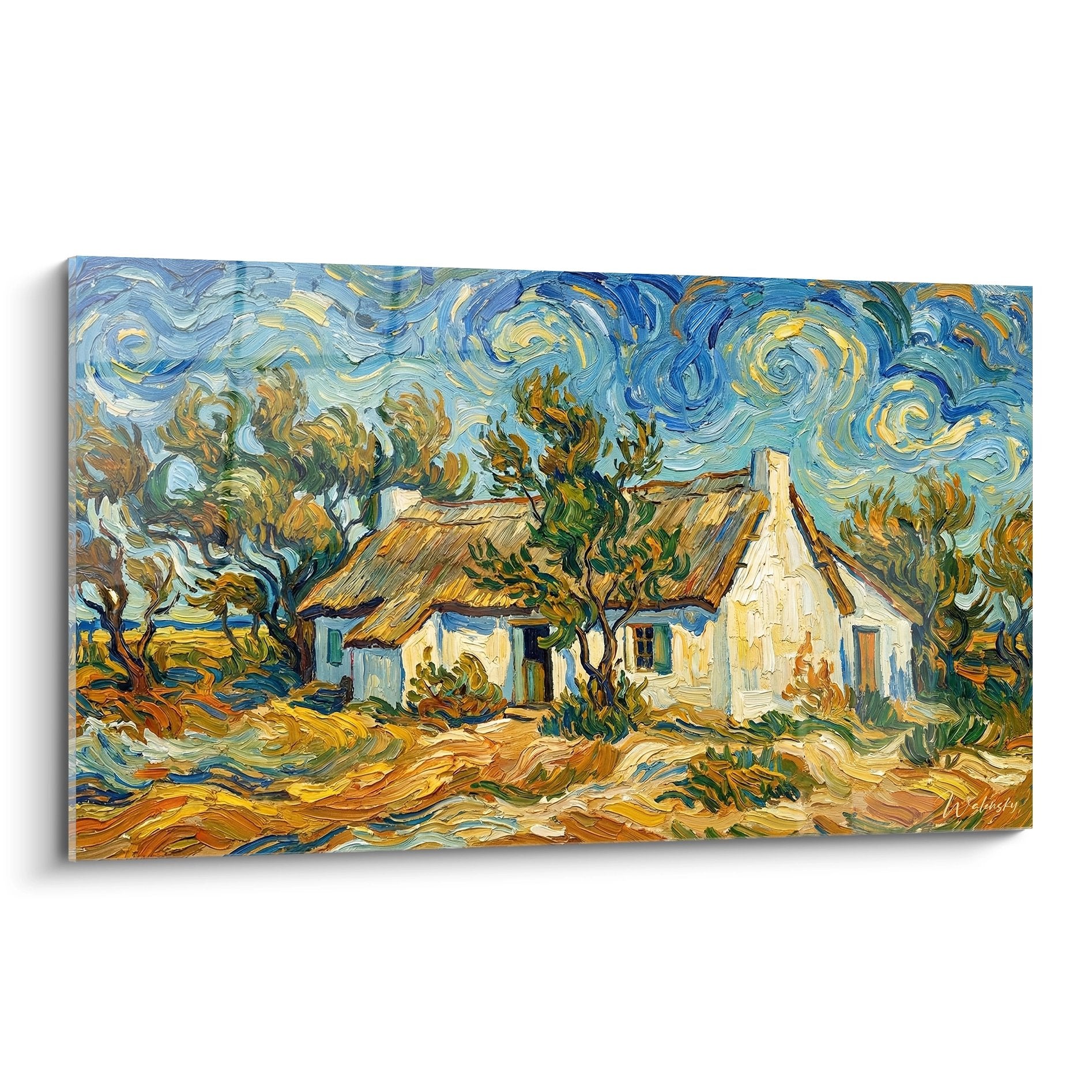 Tableau de maisons provençales aux toits de chaume sous un ciel tourbillonnant style post-impressionniste