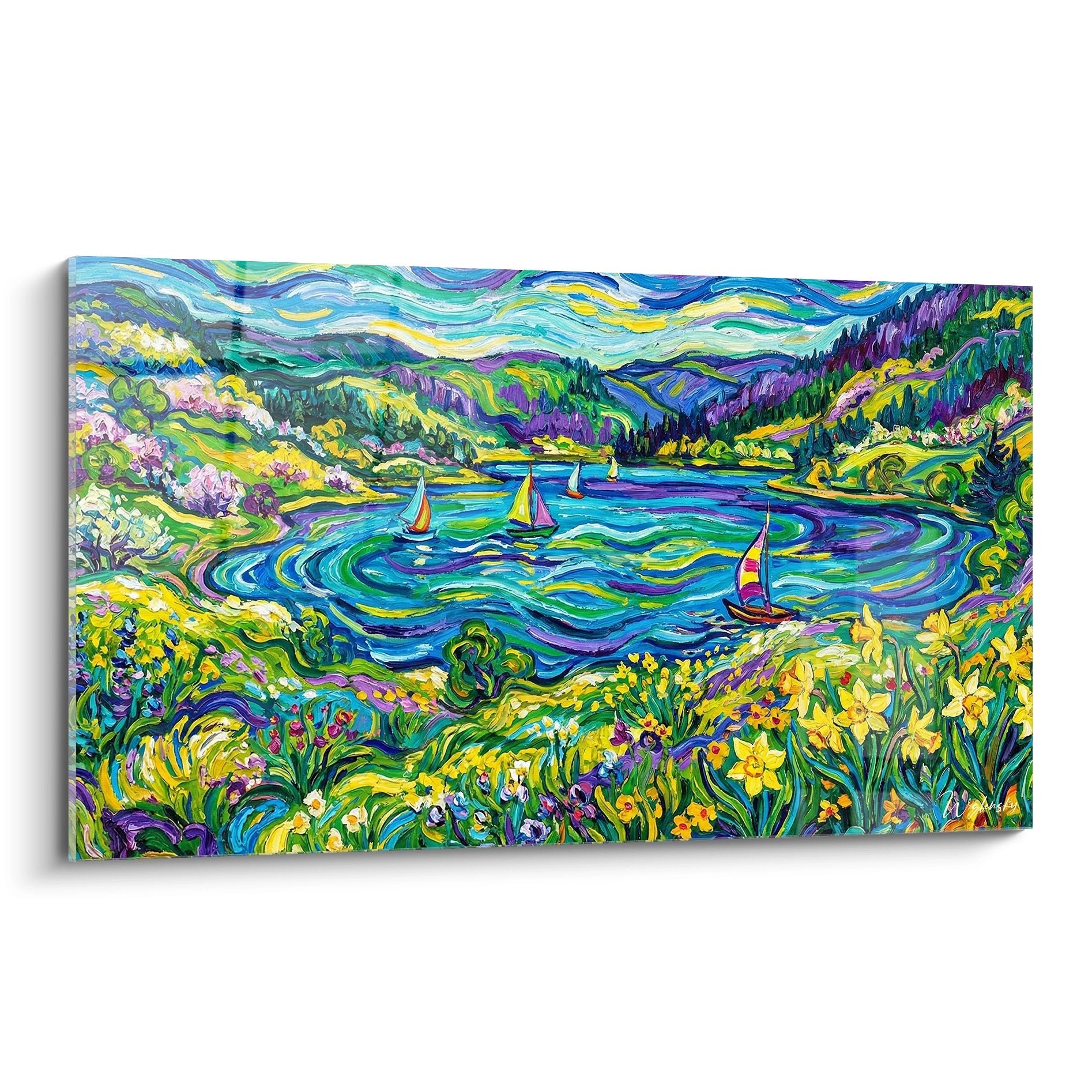 Tableau lac des Vosges avec voiliers colorés dans un paysage montagnard expressionniste aux tons vifs