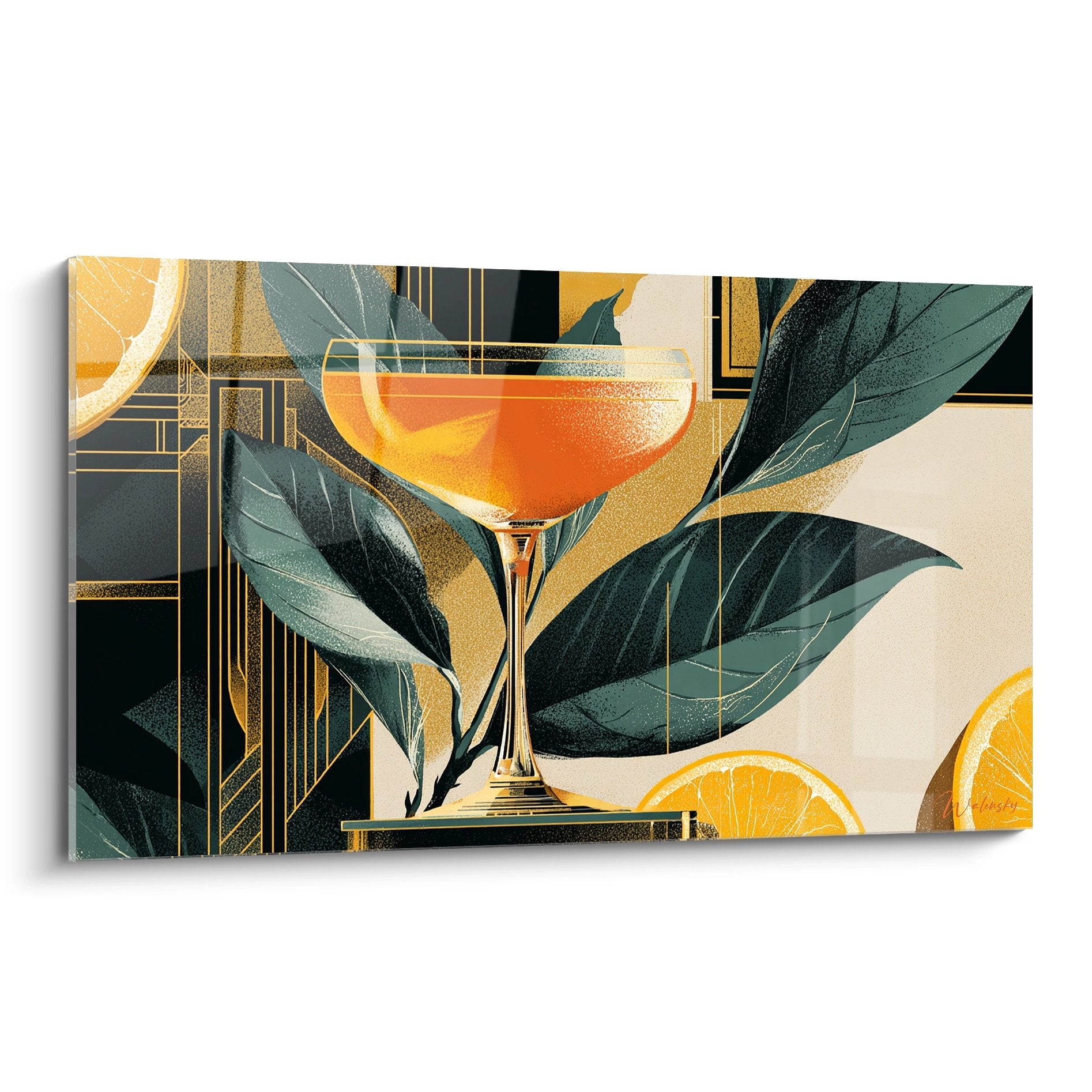 Tableau art déco moderne cocktail tropical doré avec feuilles vertes et motifs géométriques élégants