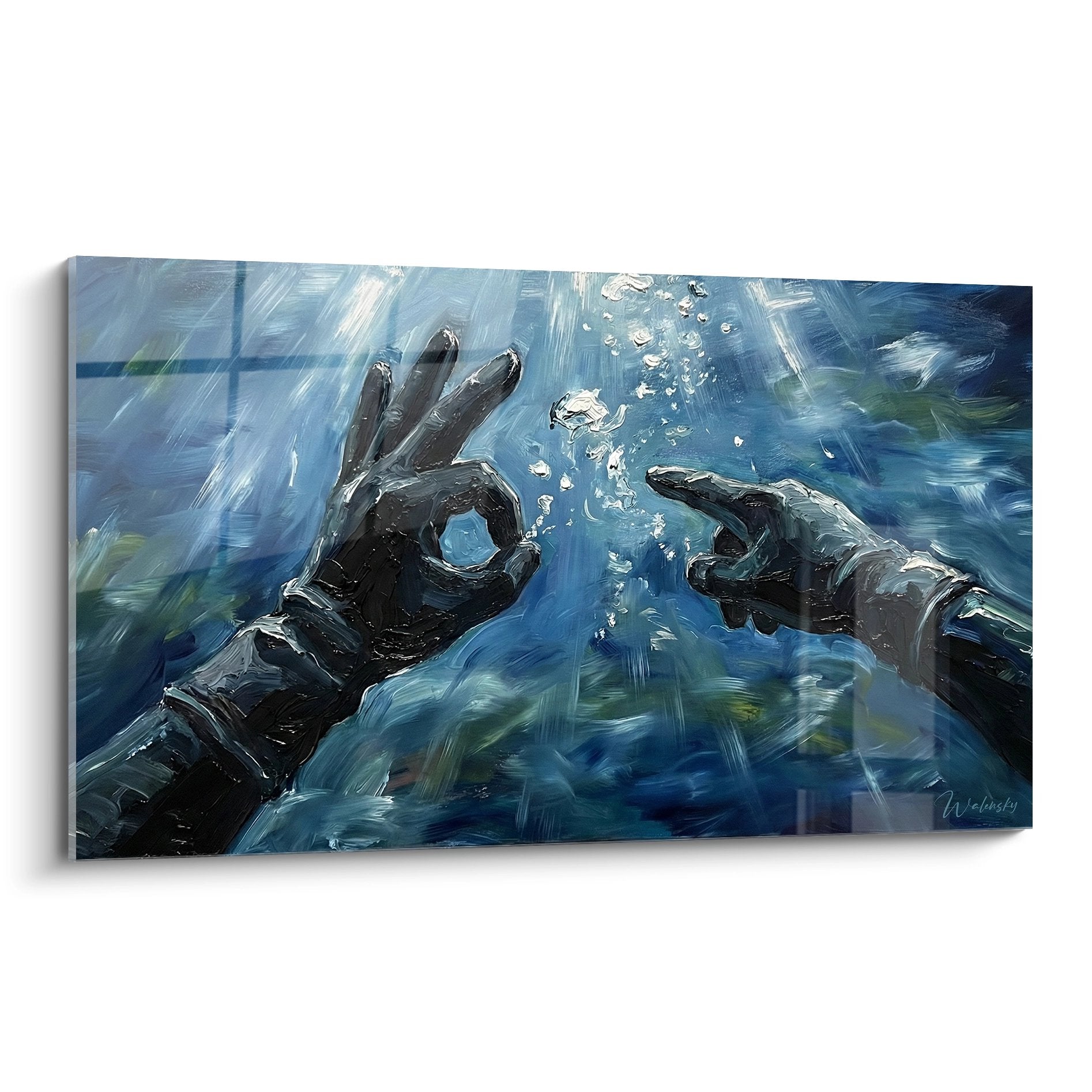 Tableau artistique représentant des mains de plongeurs communiquant sous l'eau avec des bulles d'air