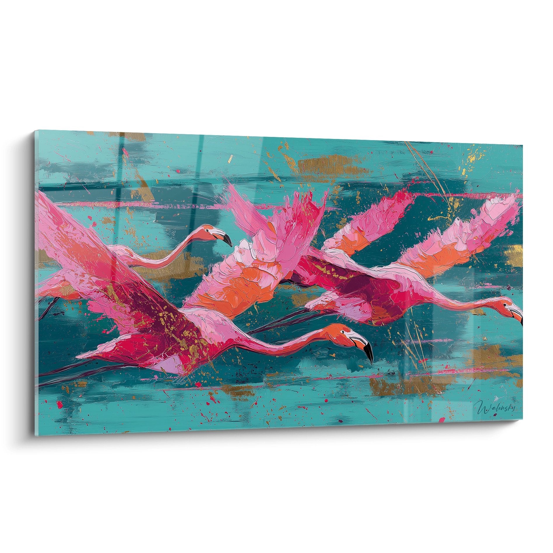 Tableau flamants roses en vol style expressif, tons roses et turquoise, art contemporain Camargue