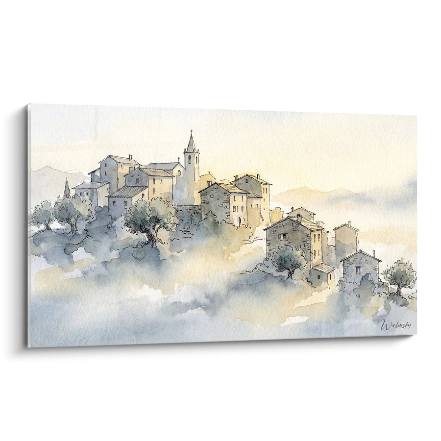 Tableau Village Corse dans la Brume - Aquarelle Montagnarde - Edition Corse